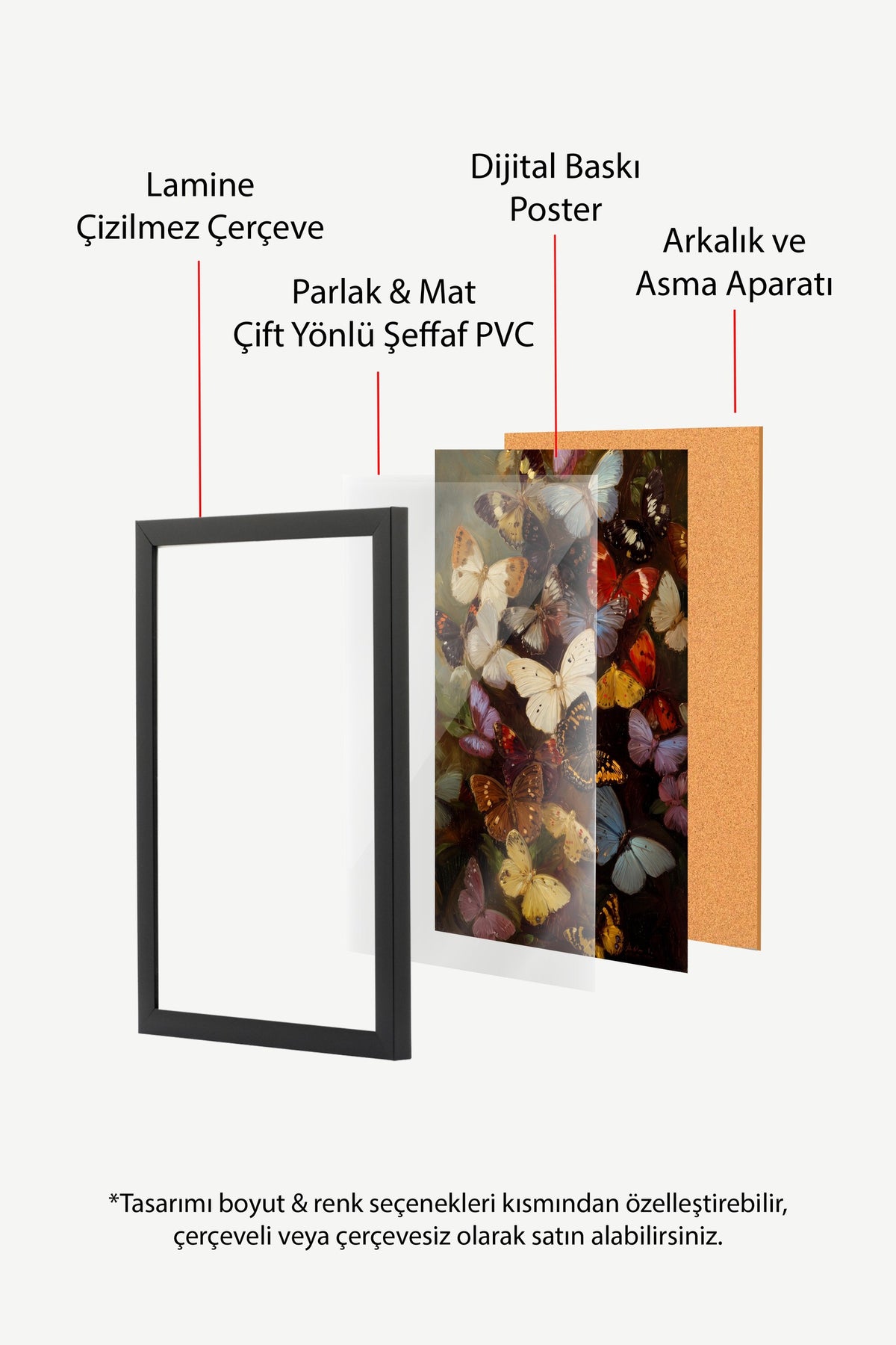 Renkli Kelebekler Poster – Siyah Çerçeveli Tablo