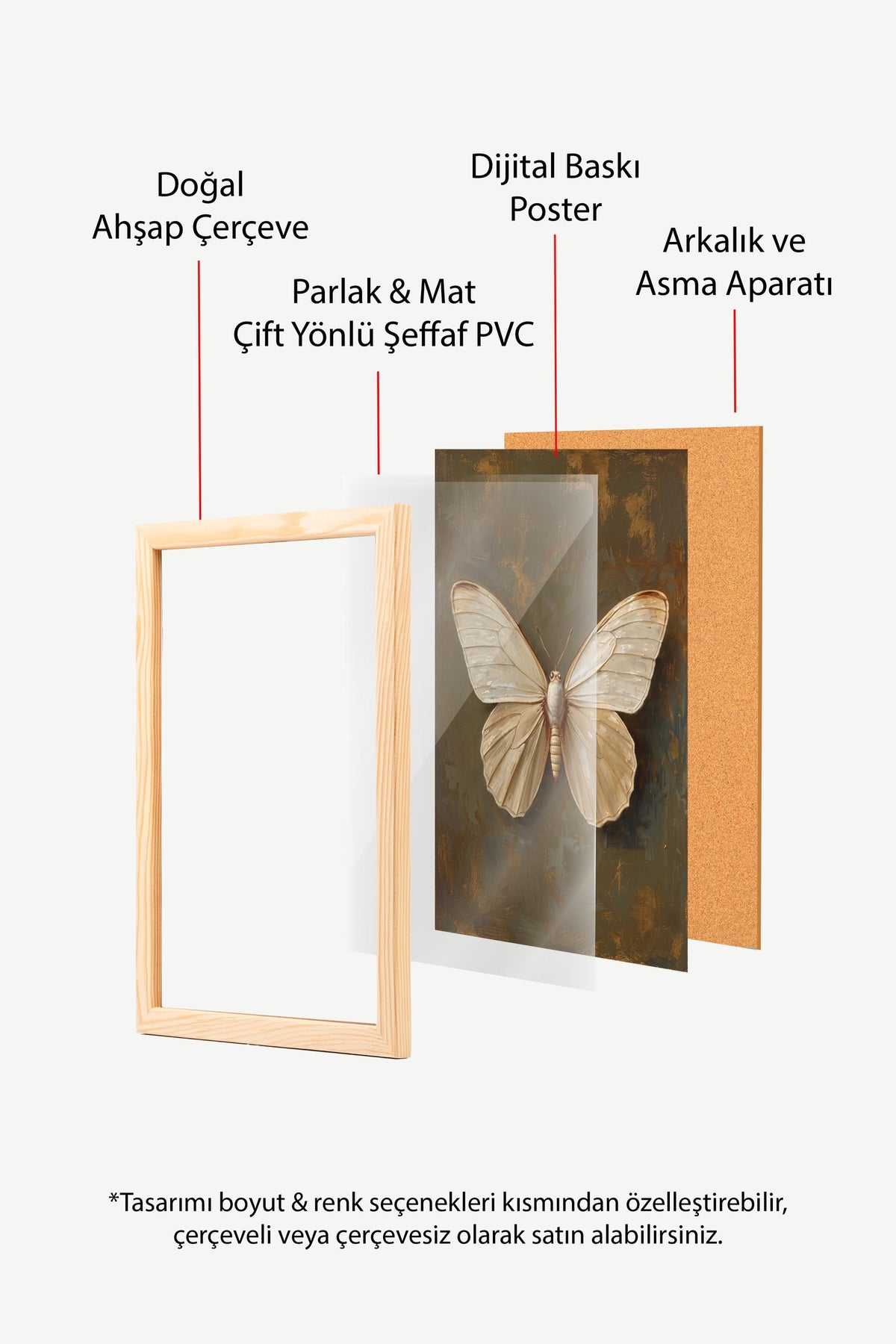Krem Renkli Kelebek Poster – Ahşap Çerçeveli Tablo