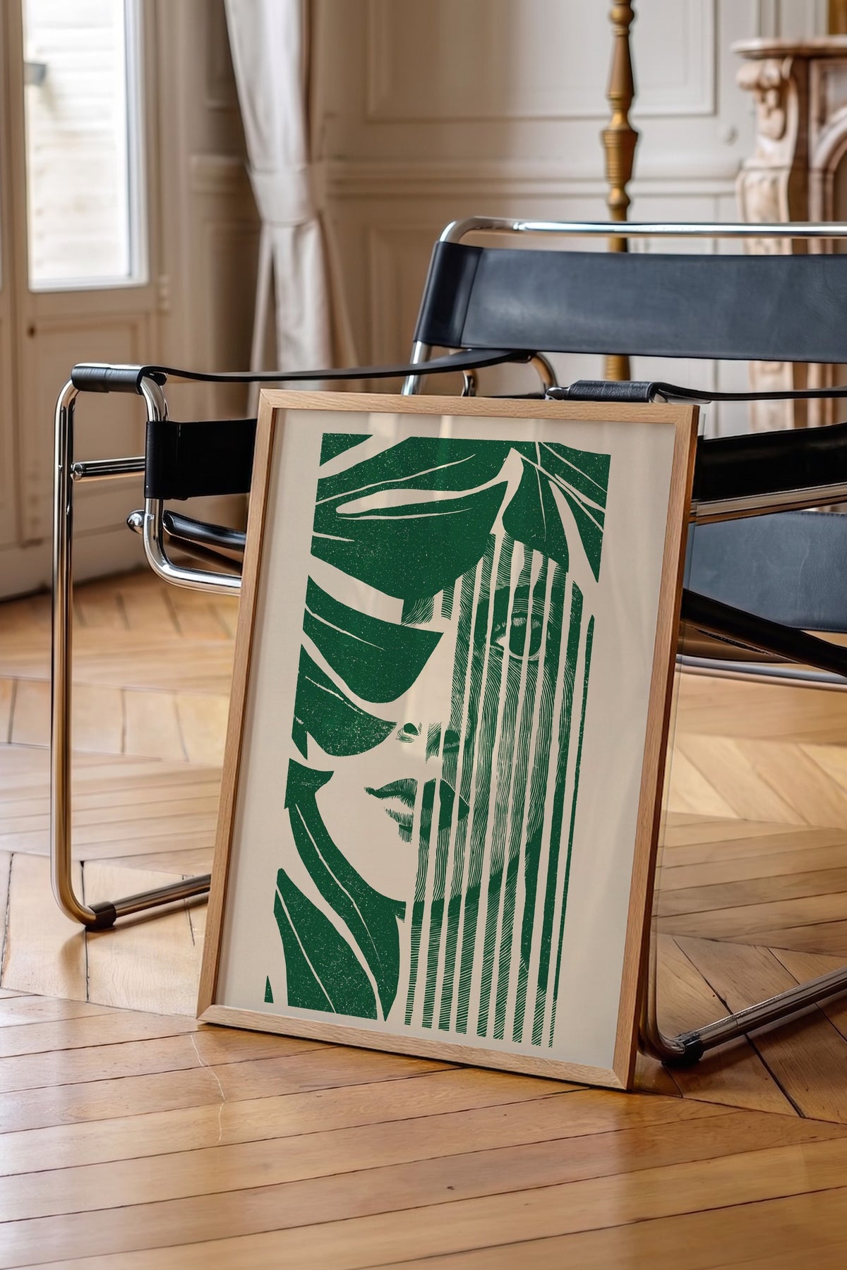 Kadın yüzü ve yapraklar Poster – Ahşap Çerçeveli Tablo