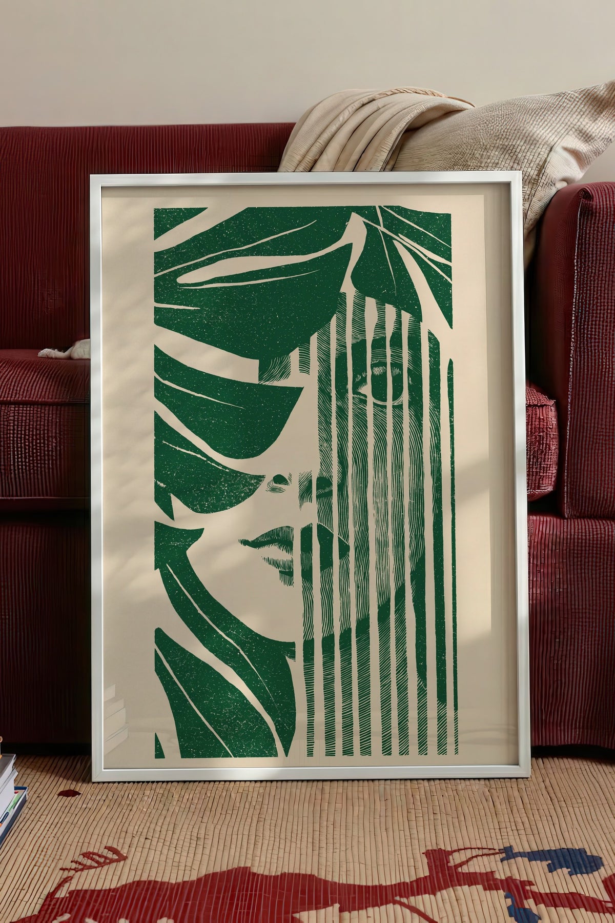 Kadın yüzü ve yapraklar Poster – Beyaz Çerçeveli Tablo