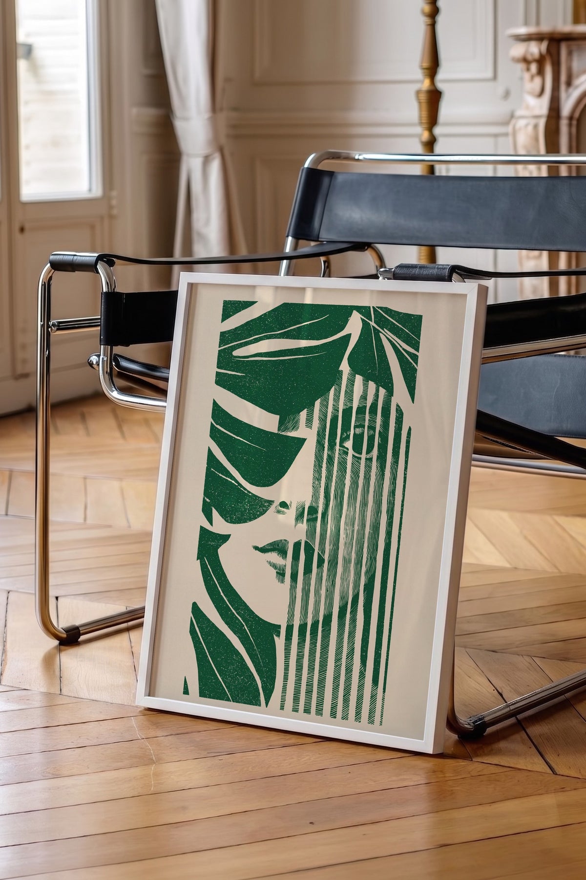 Kadın yüzü ve yapraklar Poster – Beyaz Çerçeveli Tablo