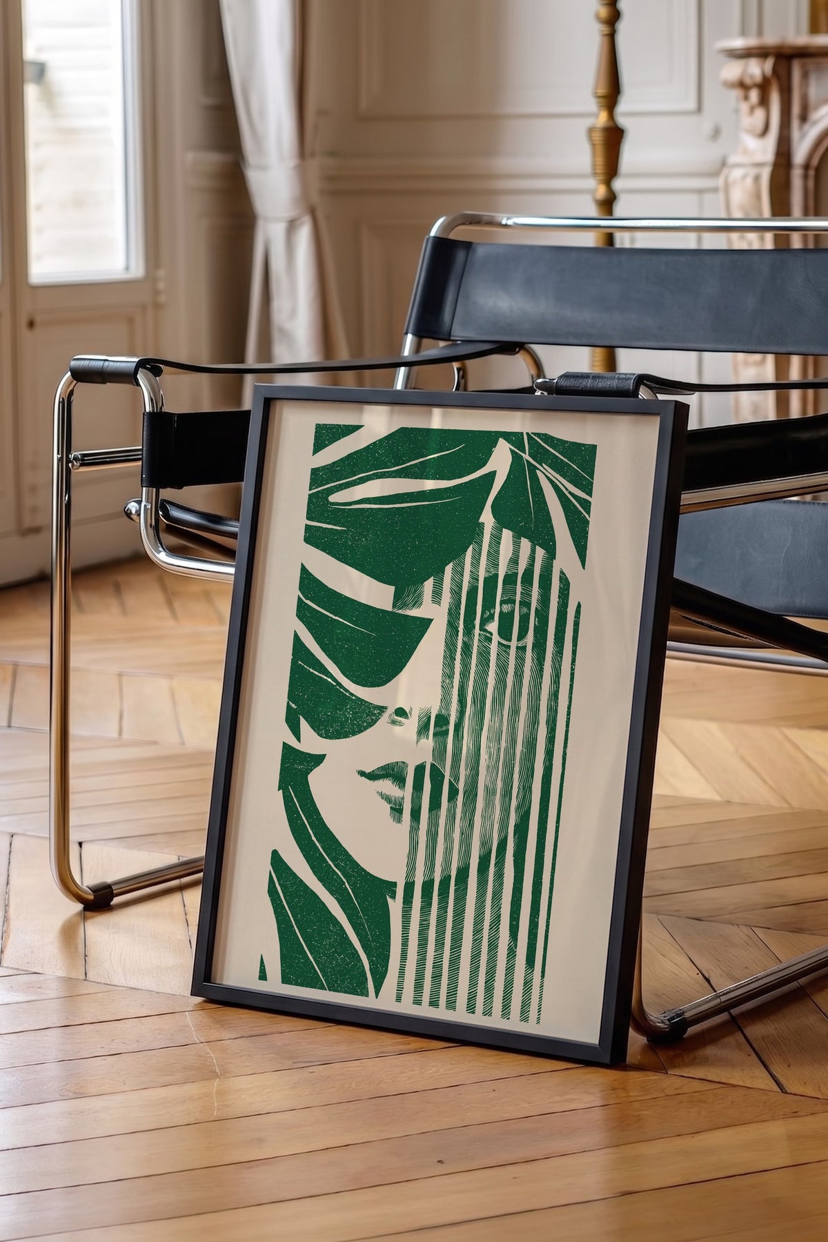 Kadın yüzü ve yapraklar Poster – Siyah Çerçeveli Tablo