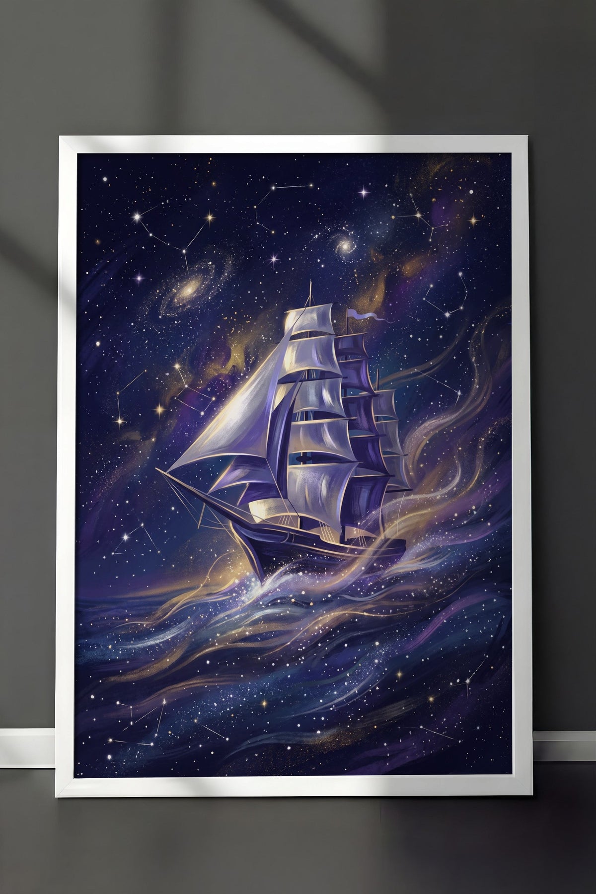 Uzayda Yelkenli Gemi Poster – Beyaz Çerçeveli Tablo