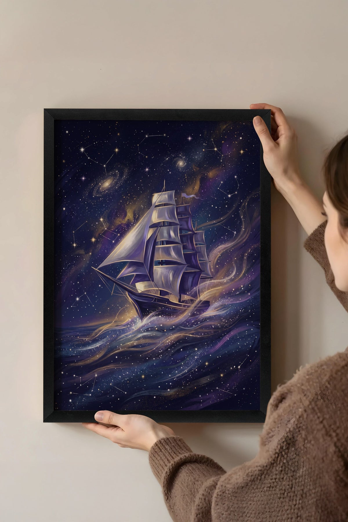 Uzayda Yelkenli Gemi Poster – Siyah Çerçeveli Tablo