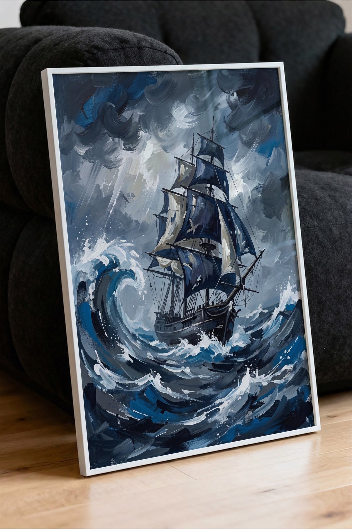 Fırtınalı Deniz ve Yelkenli Poster – Beyaz Çerçeveli Tablo