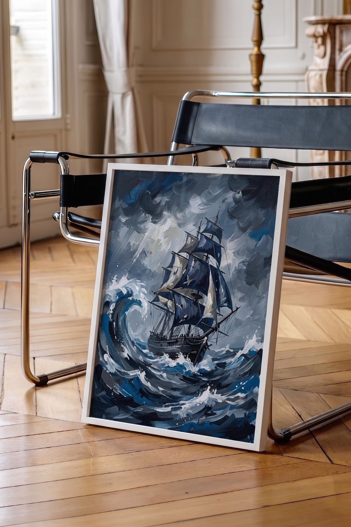 Fırtınalı Deniz ve Yelkenli Poster – Beyaz Çerçeveli Tablo
