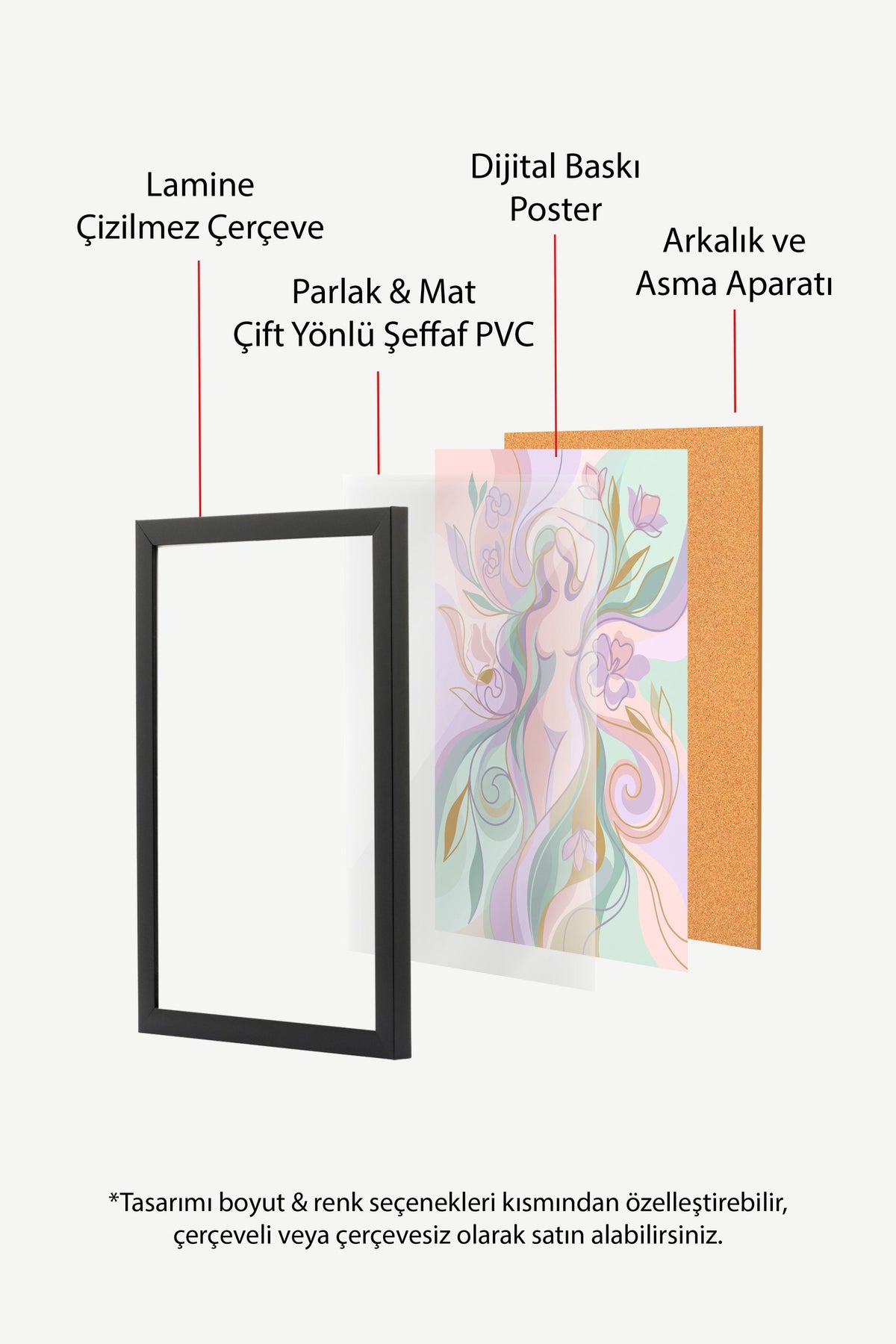 Soyut Kadın Figürü ve Çiçekler Poster – Siyah Çerçeveli Tablo