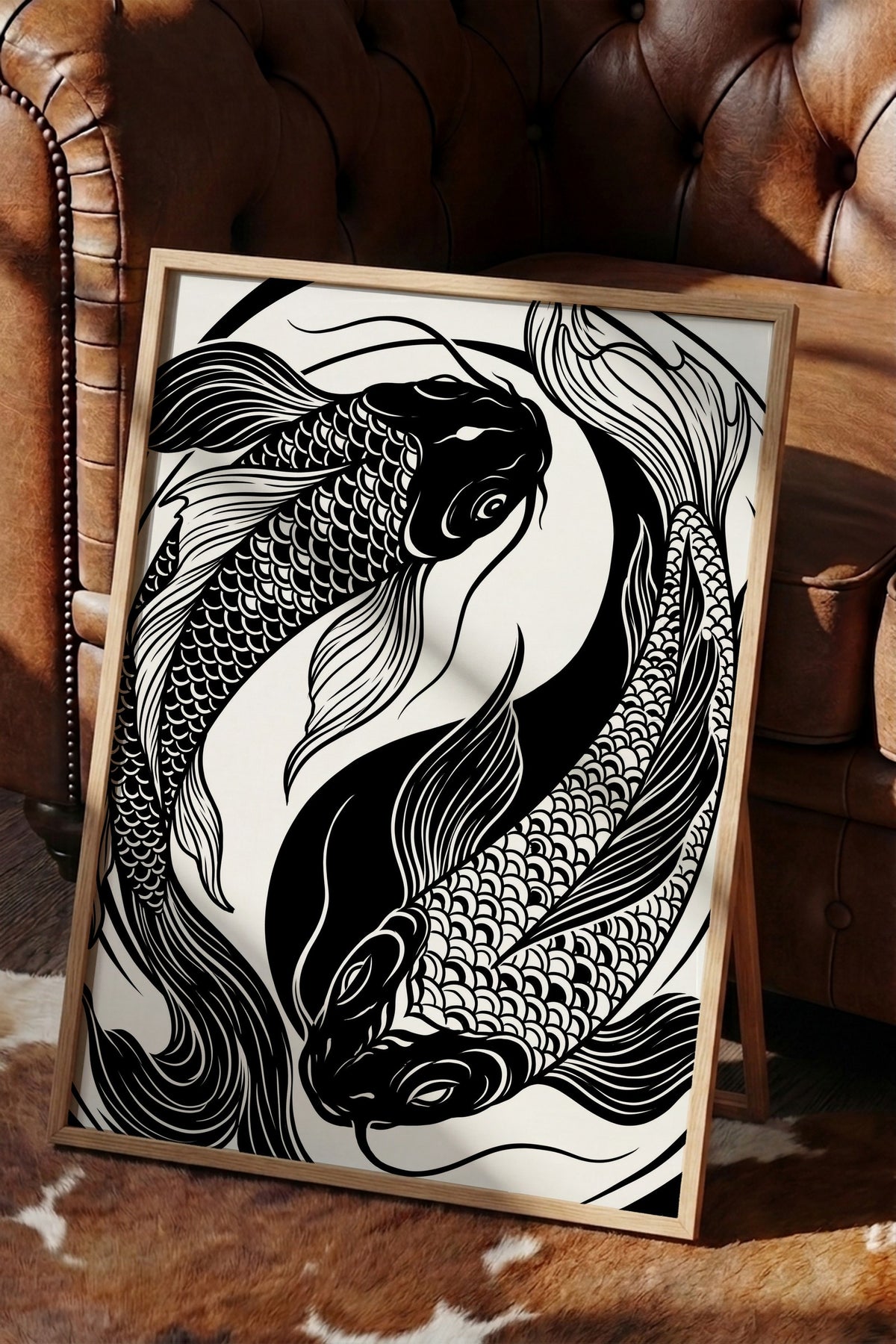 Koi Balığı Çizimi Poster – Ahşap Çerçeveli Tablo