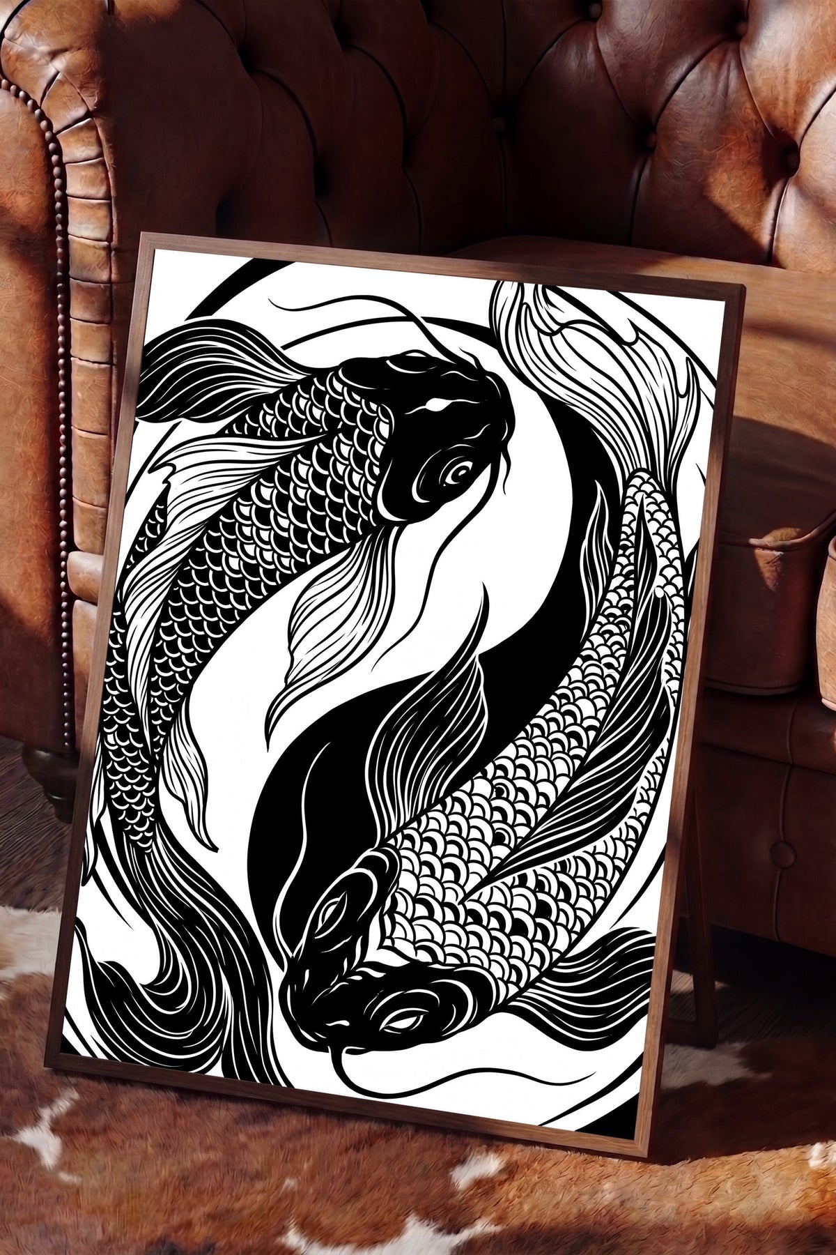 Koi Balığı Çizimi Poster – Kahverengi Çerçeveli Tablo