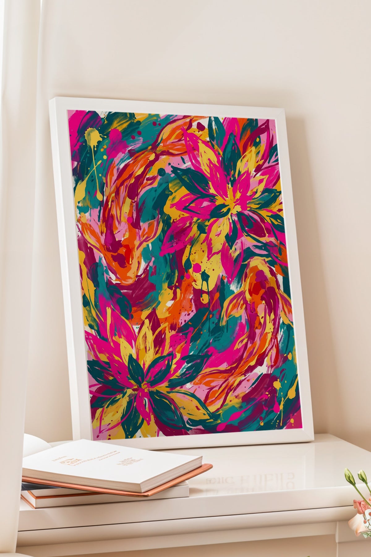 Renkli Çiçek ve Balık Deseni Poster – Beyaz Çerçeveli Tablo