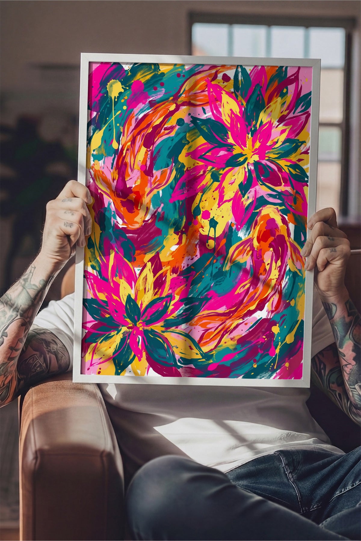 Renkli Çiçek ve Balık Deseni Poster – Beyaz Çerçeveli Tablo