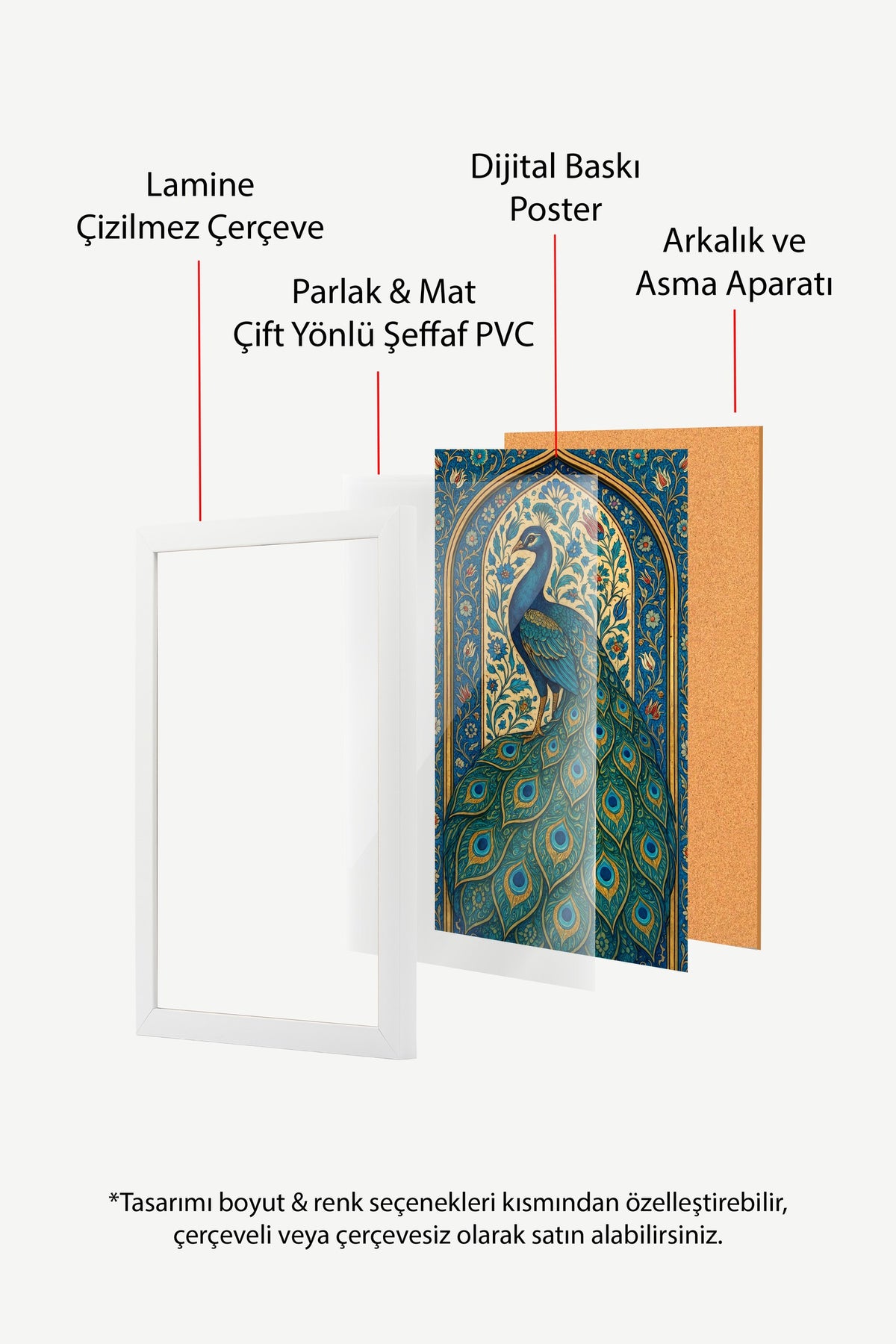 Tavus Kuşu Motifli Duvar Sanatı Poster – Beyaz Çerçeveli Tablo