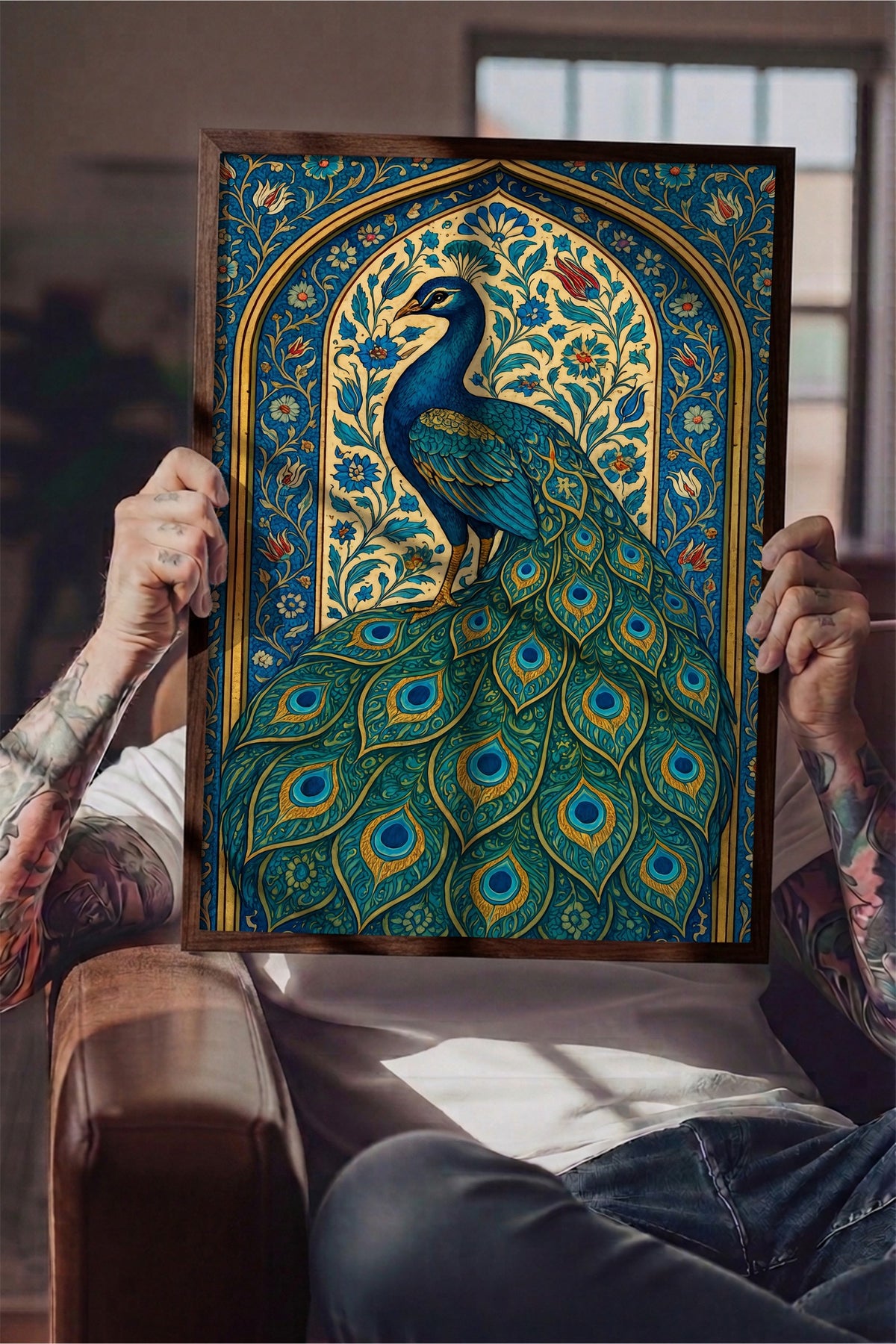 Tavus Kuşu Motifli Duvar Sanatı Poster – Kahverengi Çerçeveli Tablo