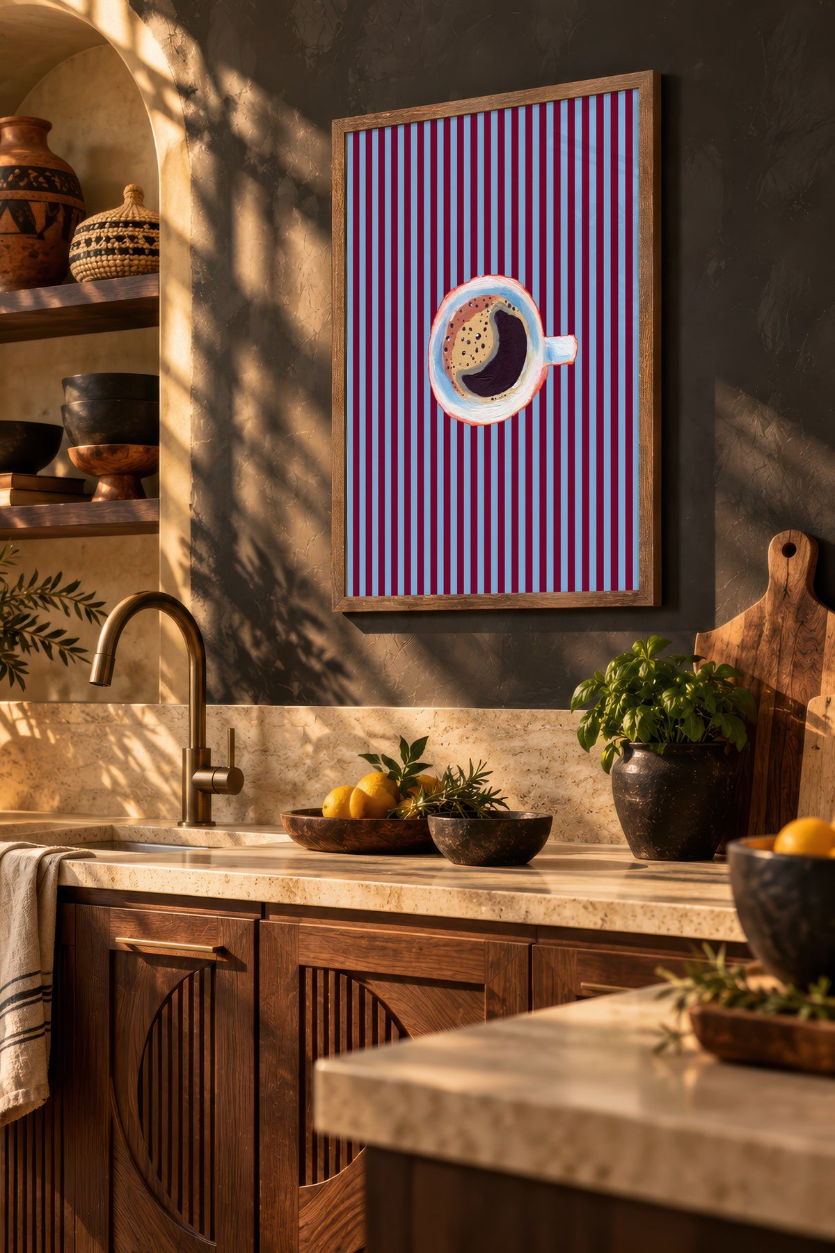Kahve Fincanı Çizimi Poster – Kahverengi Çerçeveli Tablo