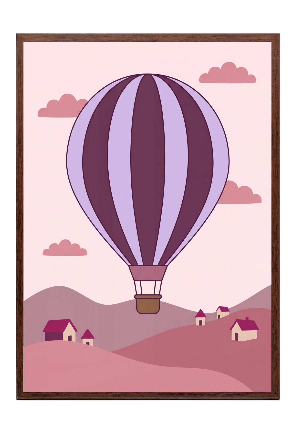 Sıcak Hava Balonlu Manzara Poster – Kahverengi Çerçeveli Tablo