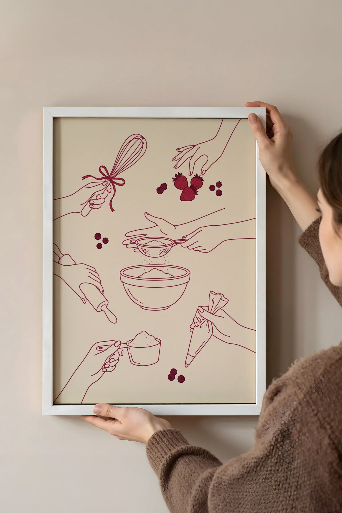 Mutfakta Eller ve Malzemeler Poster – Beyaz Çerçeveli Tablo