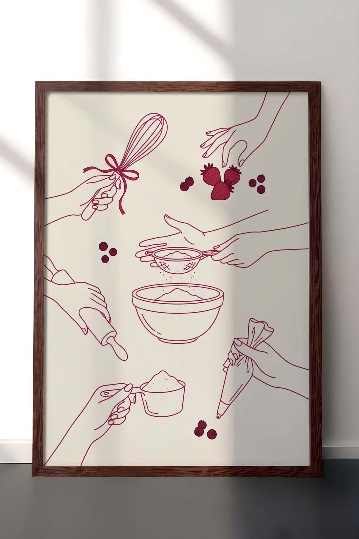 Mutfakta Eller ve Malzemeler Poster – Kahverengi Çerçeveli Tablo