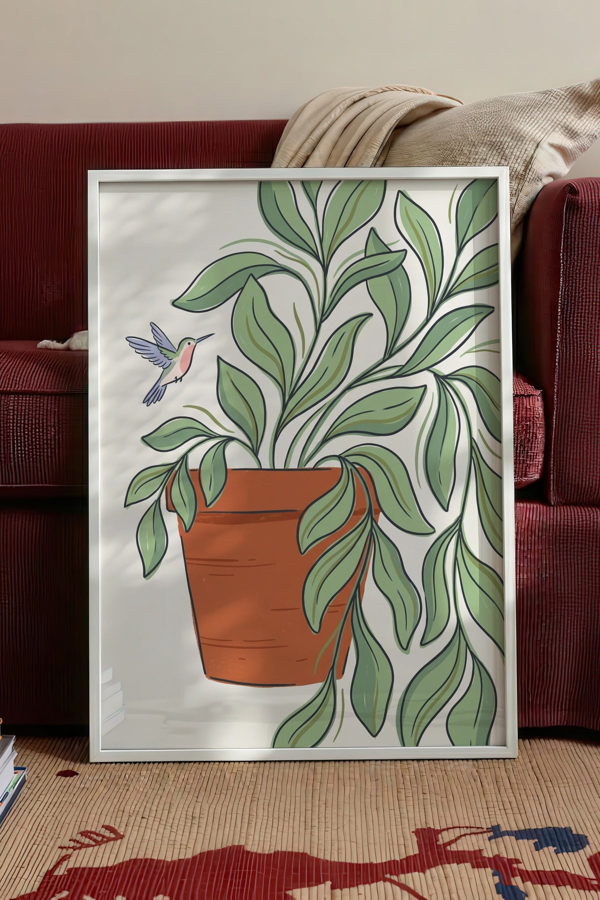 Saksıdaki Bitki ve Sinek Kuşu Poster – Beyaz Çerçeveli Tablo