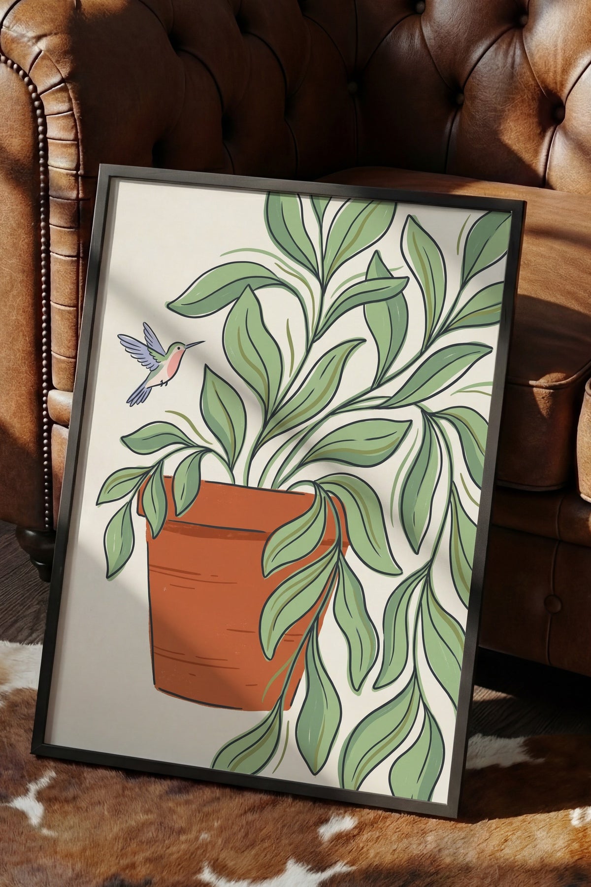 Saksıdaki Bitki ve Sinek Kuşu Poster – Siyah Çerçeveli Tablo