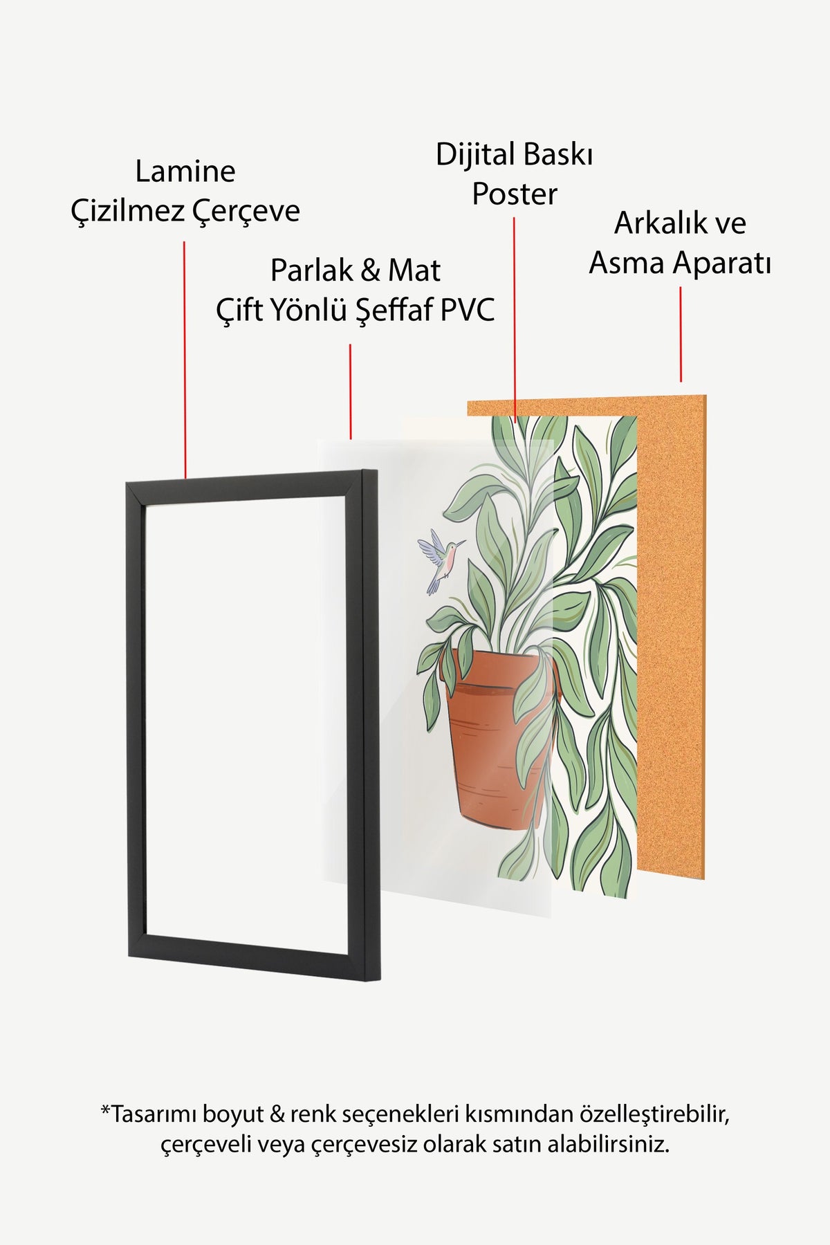Saksıdaki Bitki ve Sinek Kuşu Poster – Siyah Çerçeveli Tablo