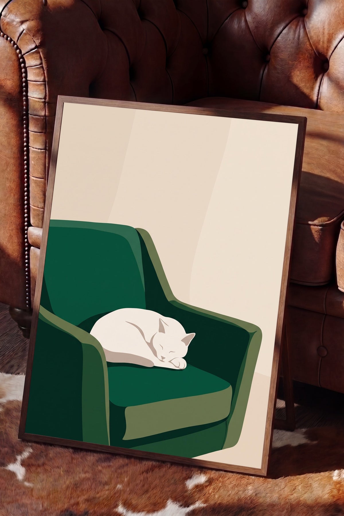 Koltuk Üzerinde Uyuyan Kedi Poster – Kahverengi Çerçeveli Tablo