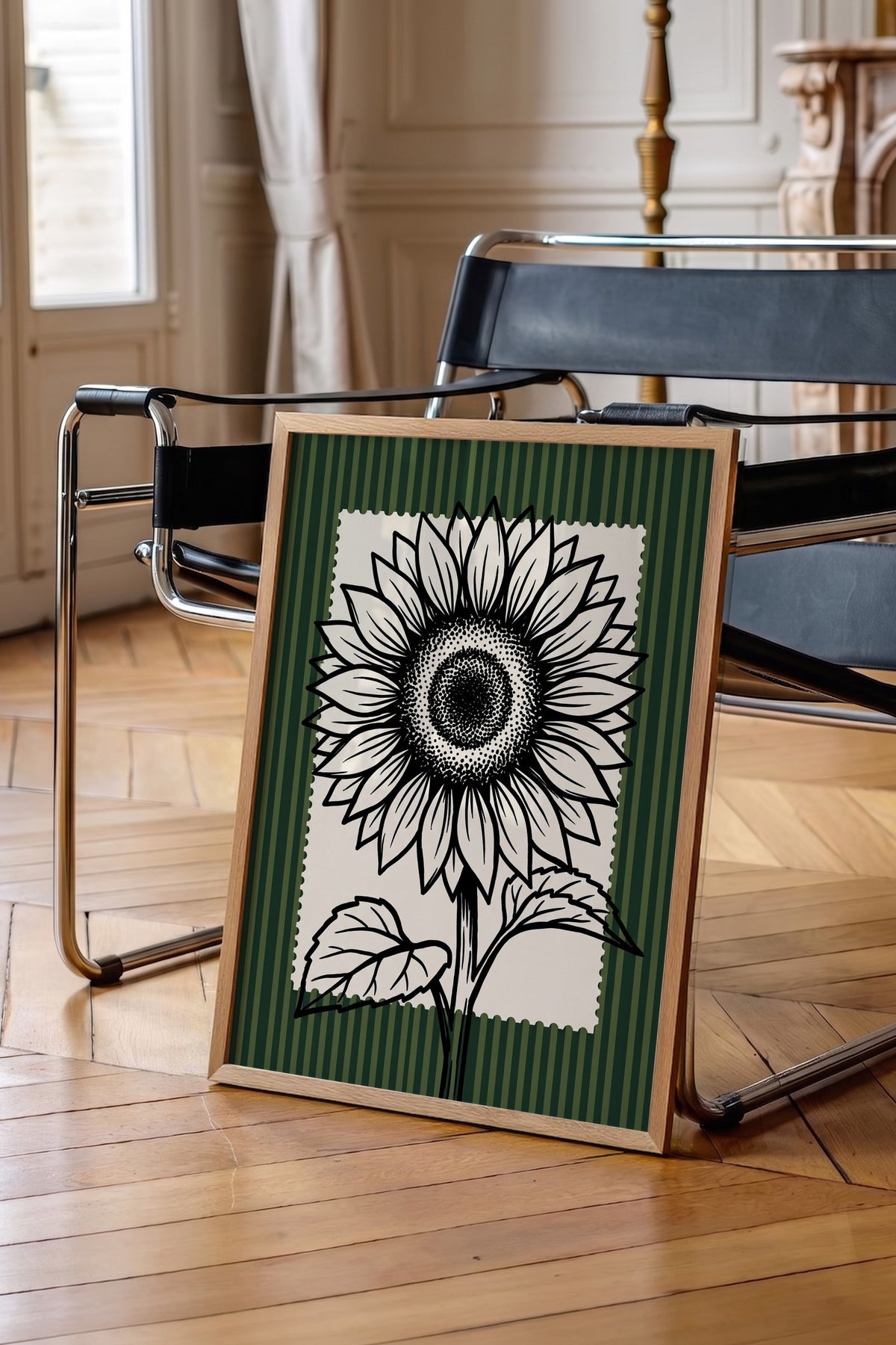 Ayçiçeği Çizimi Poster – Ahşap Çerçeveli Tablo