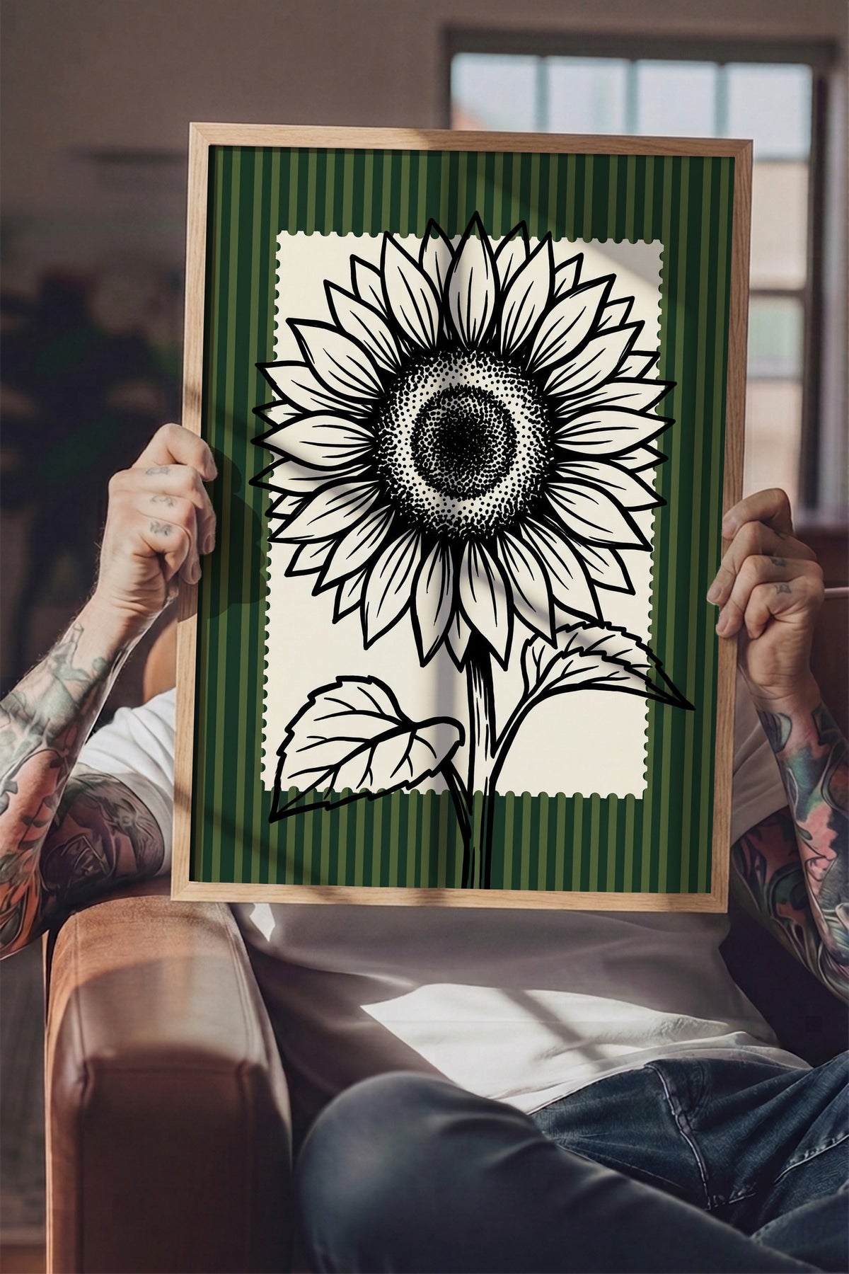 Ayçiçeği Çizimi Poster – Ahşap Çerçeveli Tablo