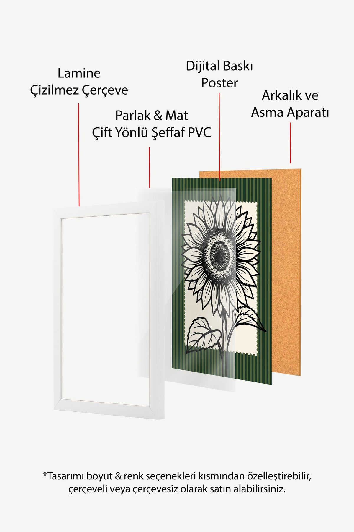 Ayçiçeği Çizimi Poster – Beyaz Çerçeveli Tablo