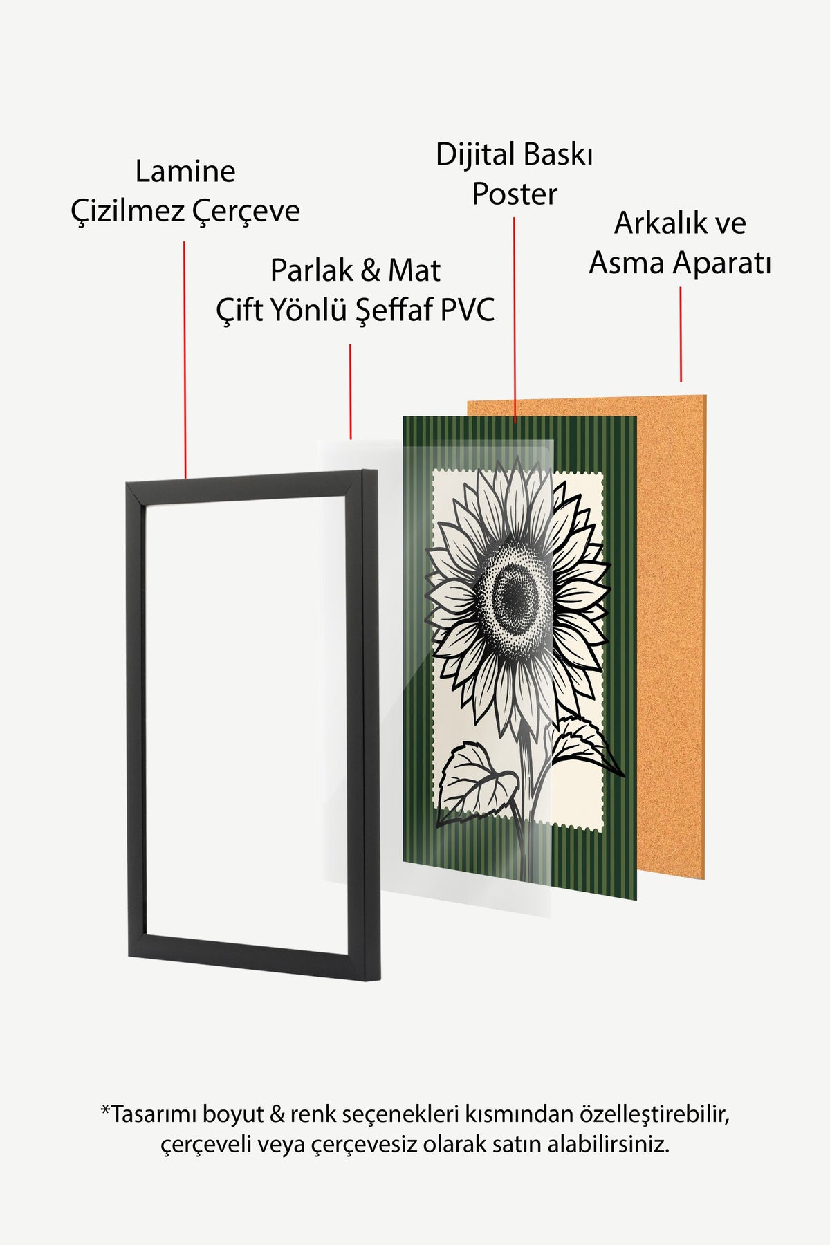 Ayçiçeği Çizimi Poster – Siyah Çerçeveli Tablo