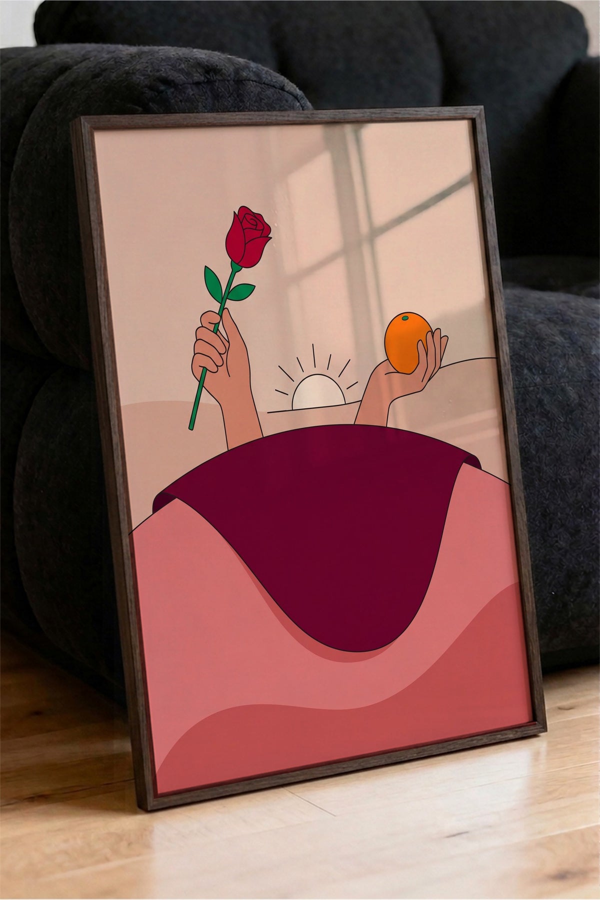 Gül ve Portakal Tutan Eller Poster – Kahverengi Çerçeveli Tablo