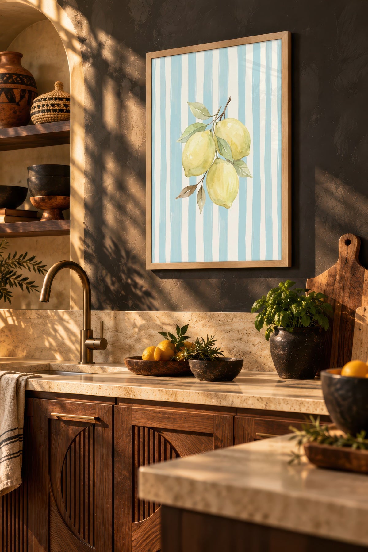 Dikey Çizgiler ve Limonlar Poster – Ahşap Çerçeveli Tablo