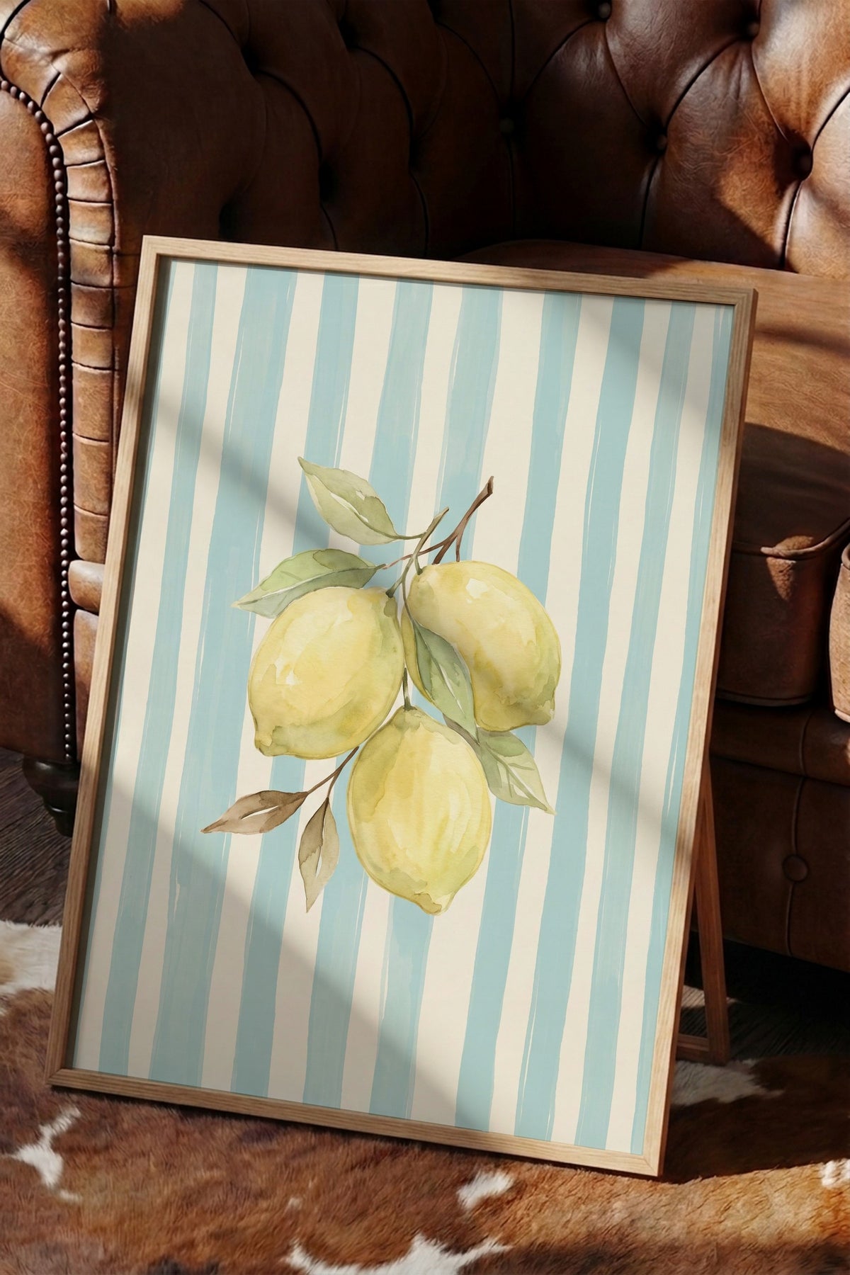 Dikey Çizgiler ve Limonlar Poster – Ahşap Çerçeveli Tablo