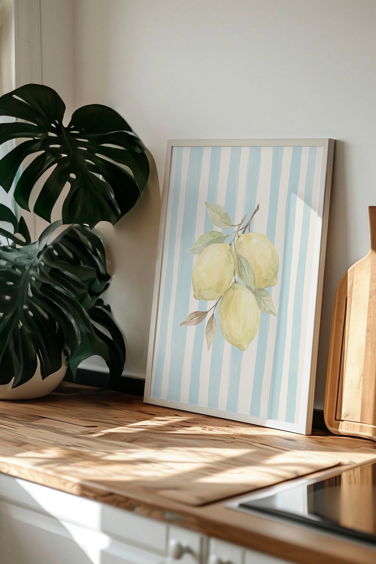 Dikey Çizgiler ve Limonlar Poster – Beyaz Çerçeveli Tablo