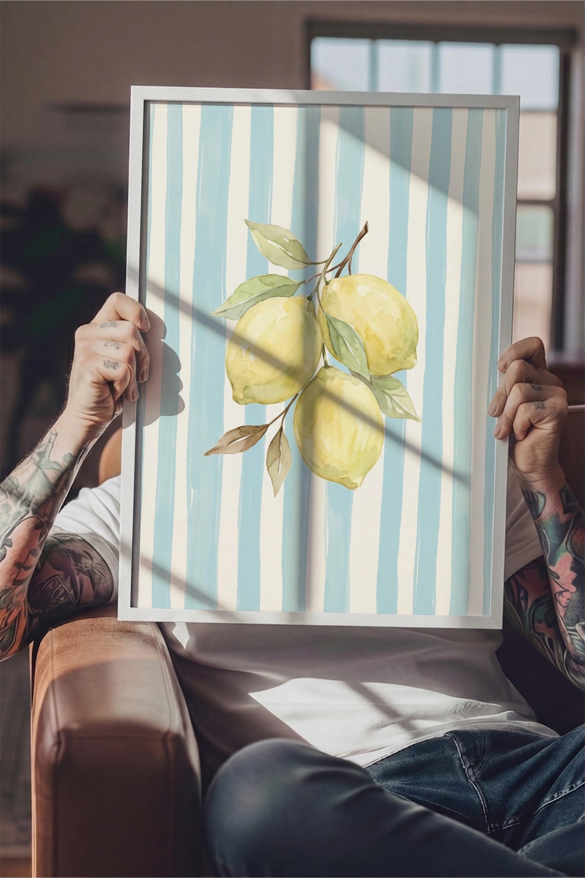 Dikey Çizgiler ve Limonlar Poster – Beyaz Çerçeveli Tablo