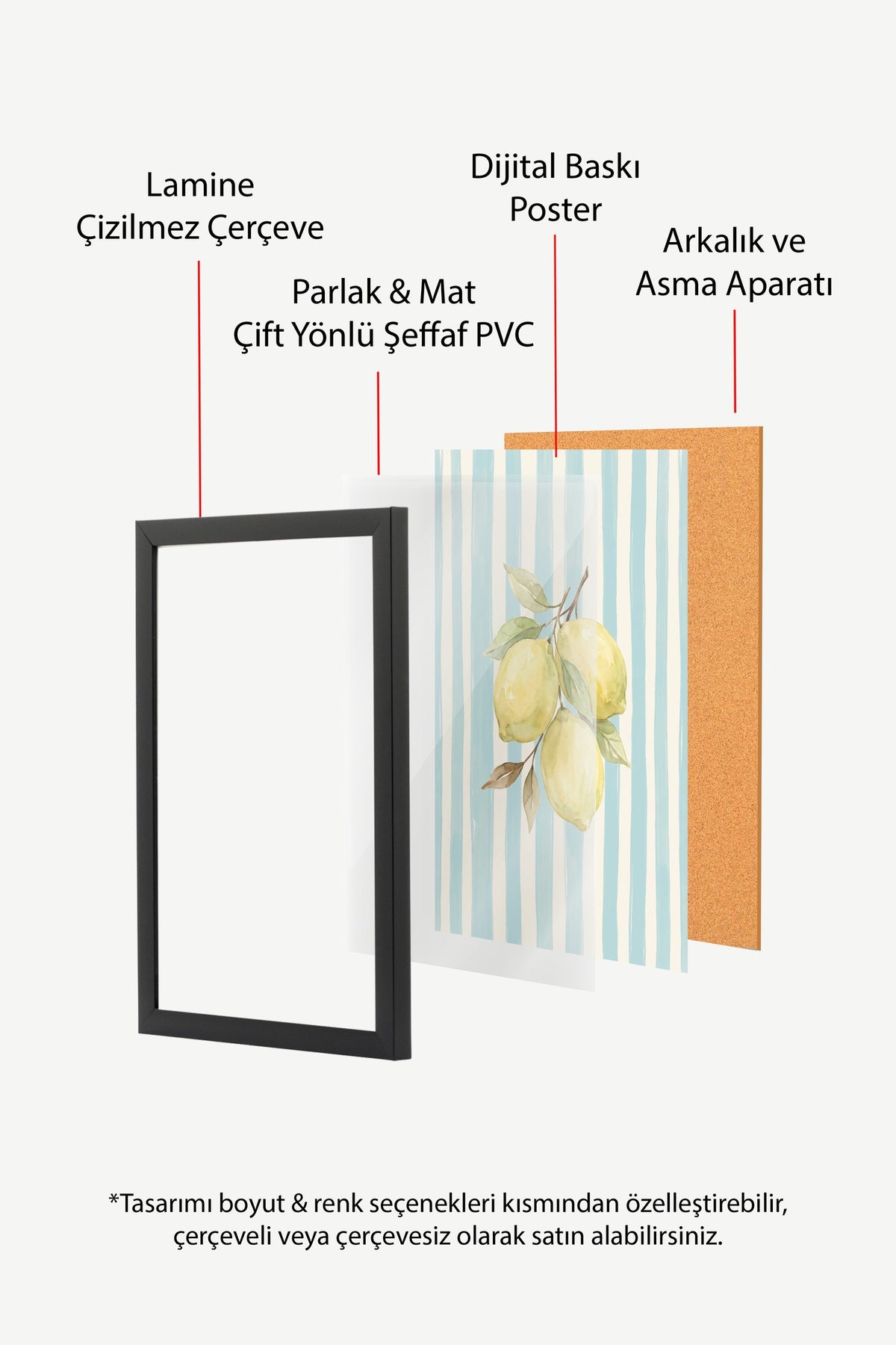 Dikey Çizgiler ve Limonlar Poster – Siyah Çerçeveli Tablo