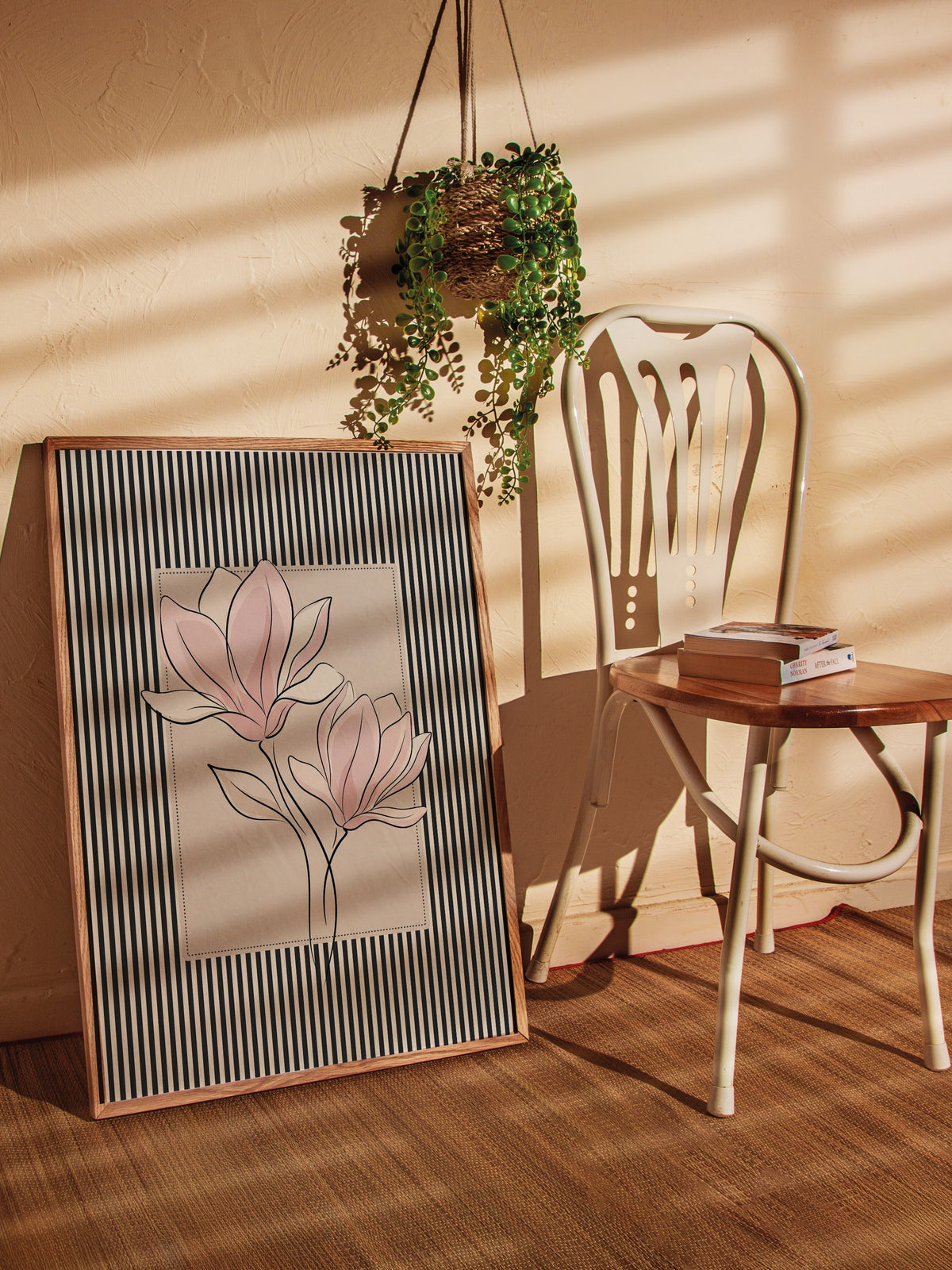 Çizgili Desende Pembe Çiçek Poster – Ahşap Çerçeveli Tablo