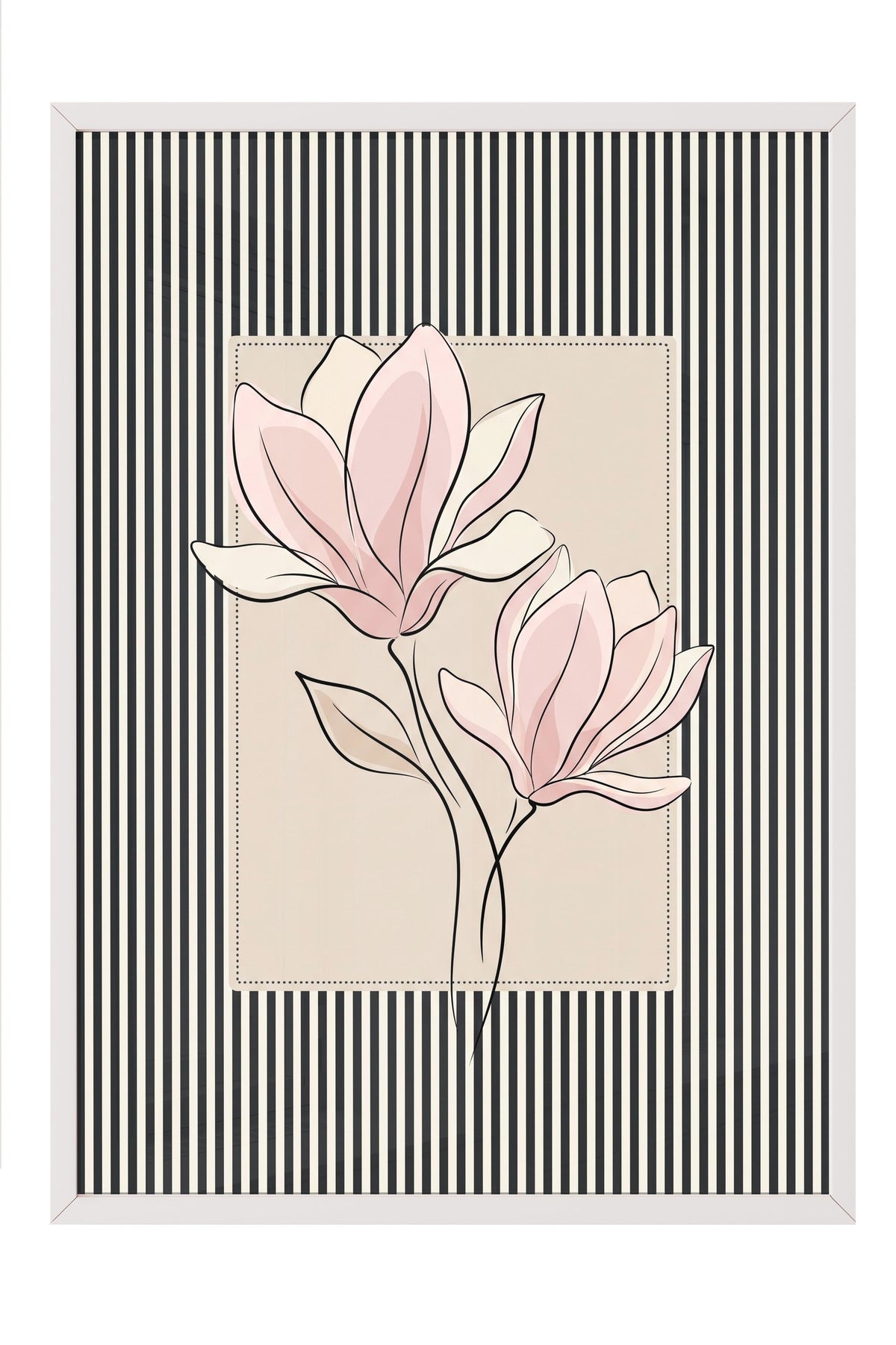 Çizgili Desende Pembe Çiçek Poster – Beyaz Çerçeveli Tablo