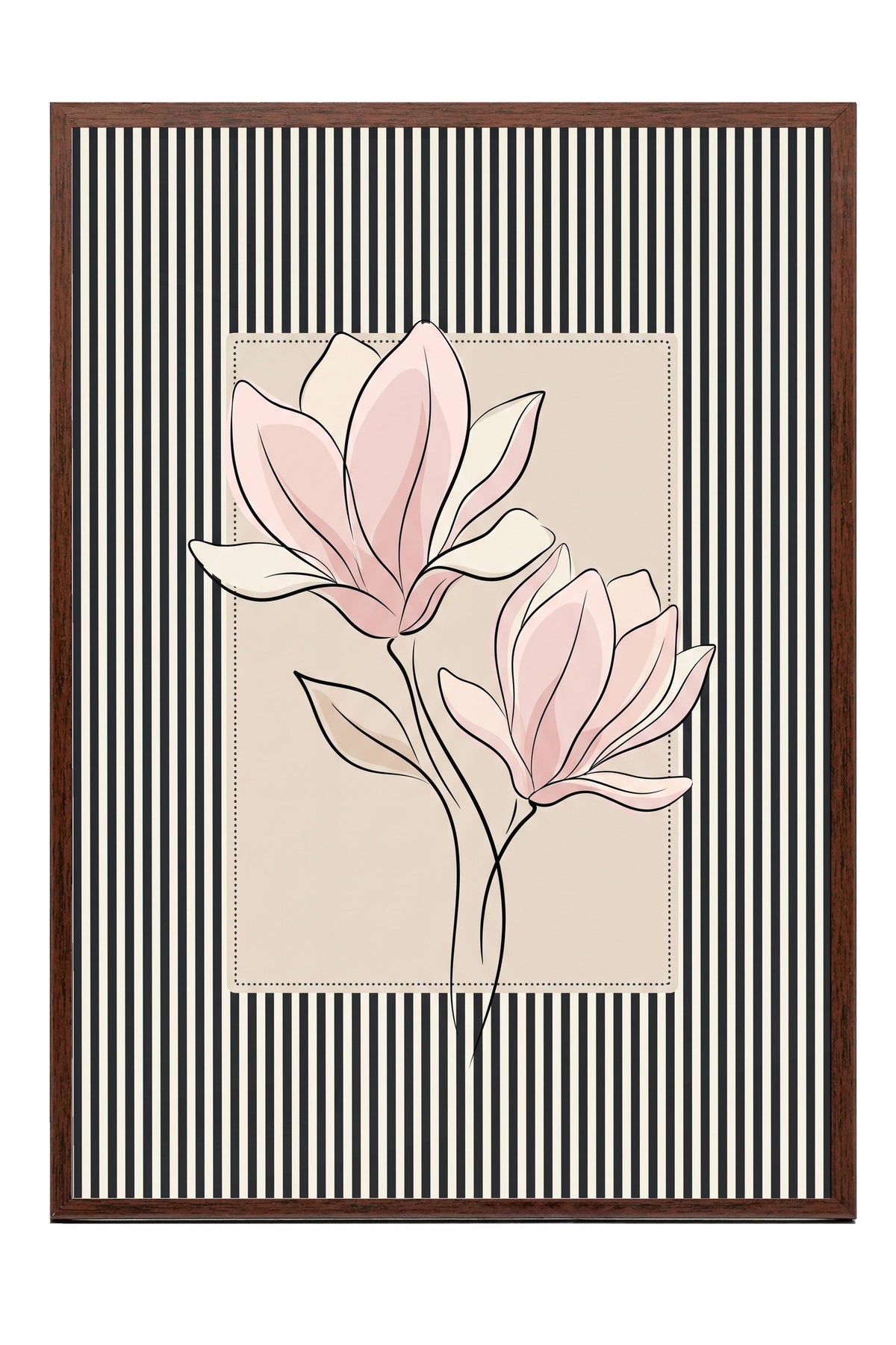 Çizgili Desende Pembe Çiçek Poster – Kahverengi Çerçeveli Tablo