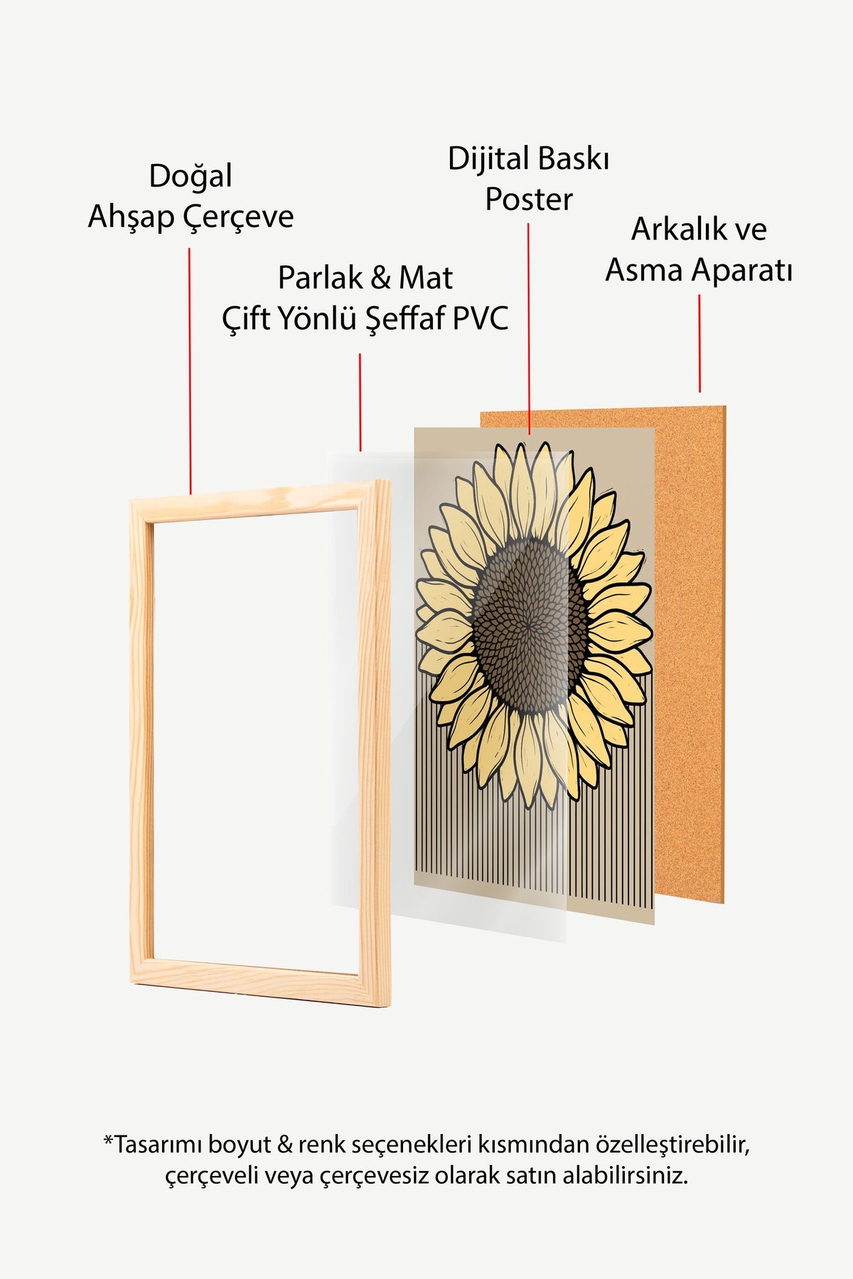 Çizgili Ayçiçeği İllüstrasyonu Poster – Ahşap Çerçeveli Tablo
