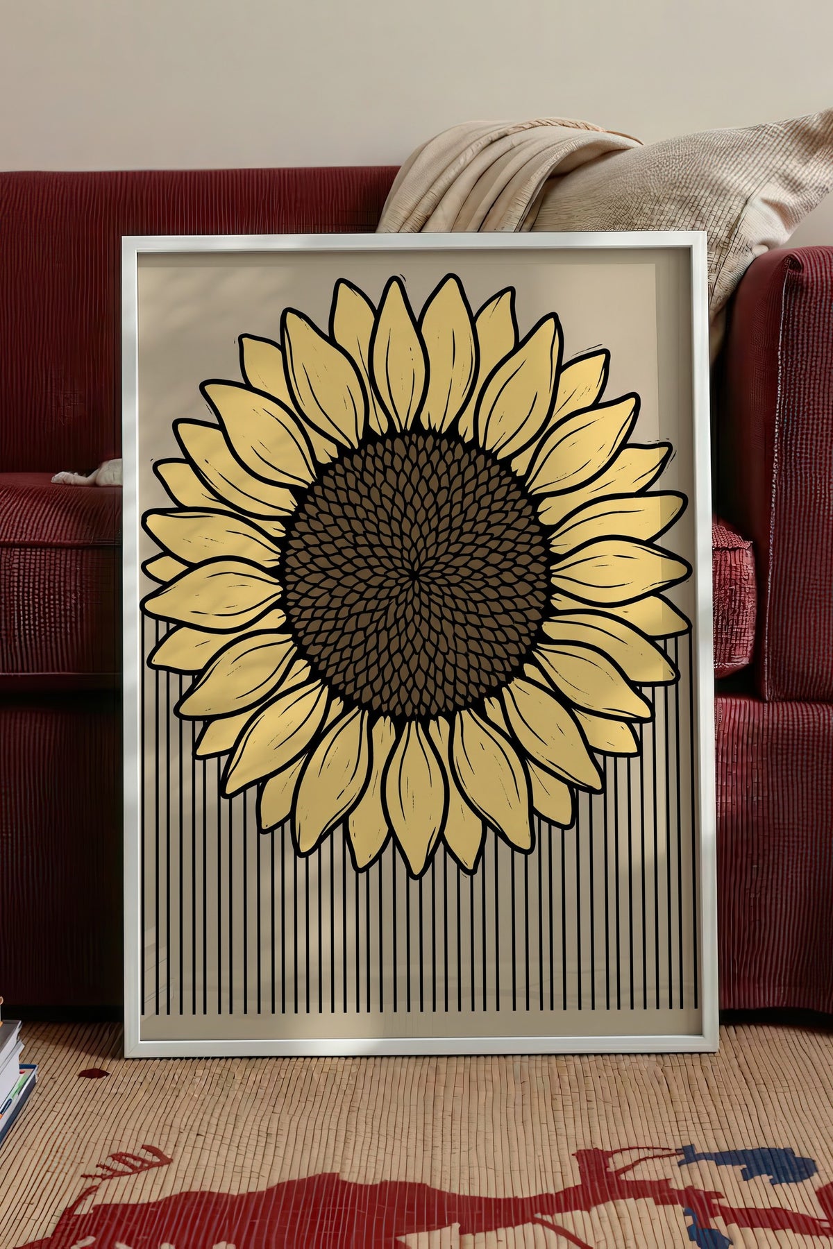Çizgili Ayçiçeği İllüstrasyonu Poster – Beyaz Çerçeveli Tablo