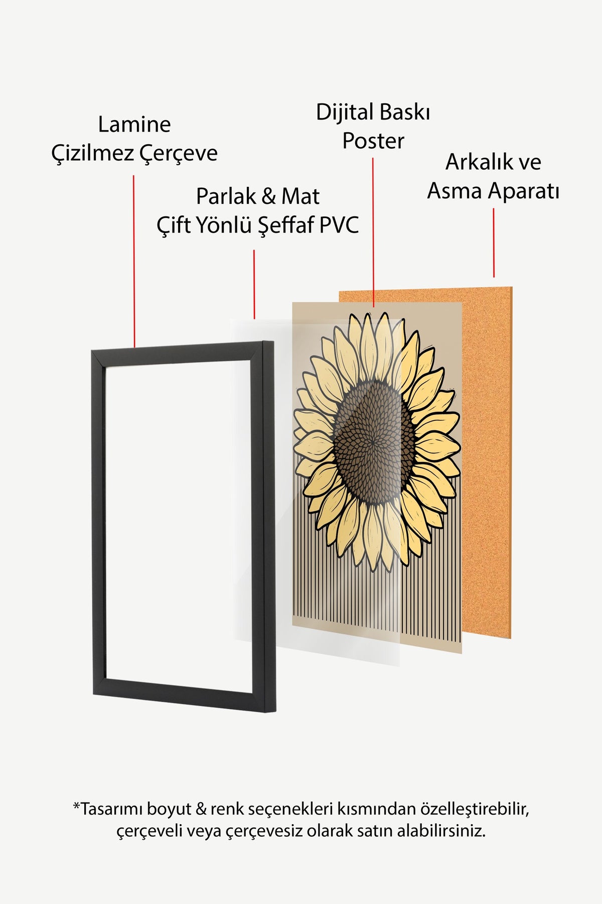 Çizgili Ayçiçeği İllüstrasyonu Poster – Siyah Çerçeveli Tablo