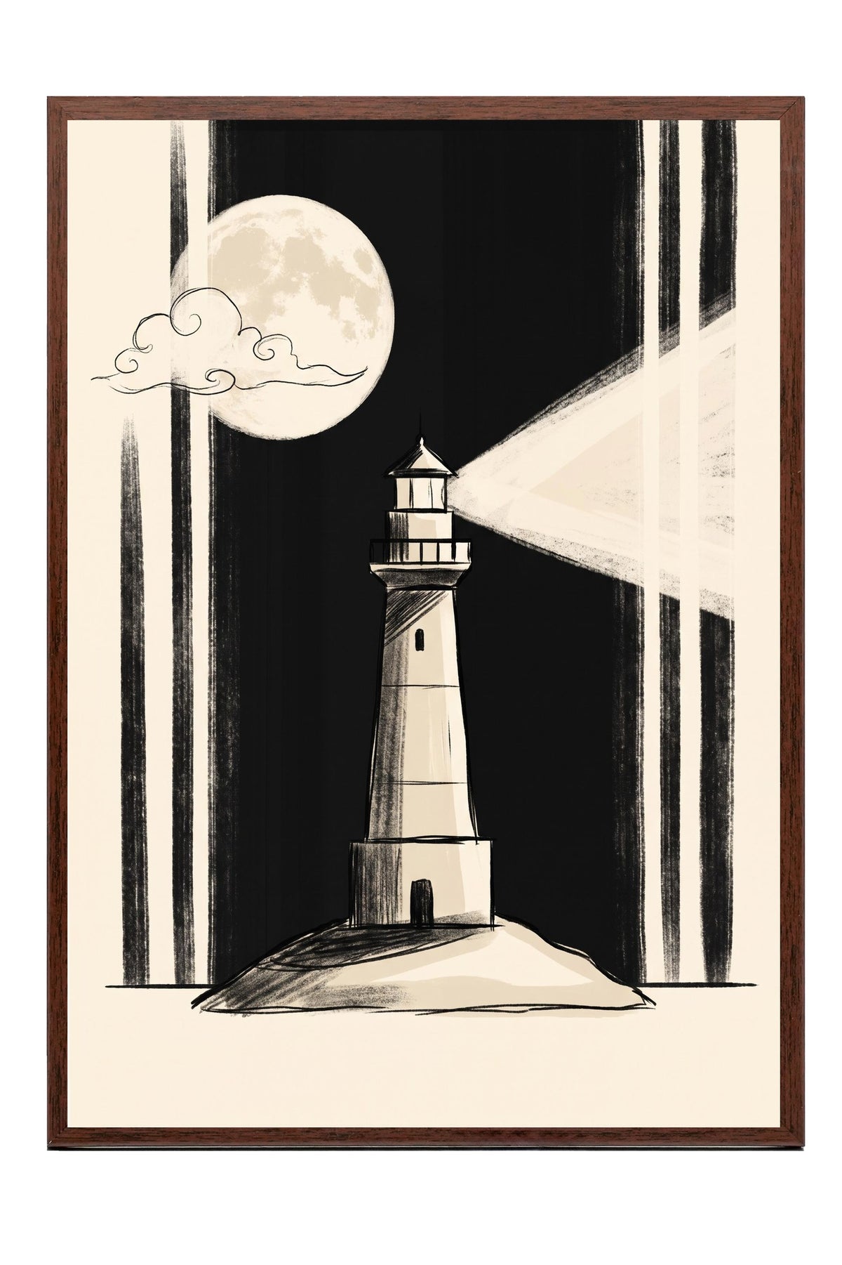 Gece Deniz Feneri Poster – Kahverengi Çerçeveli Tablo
