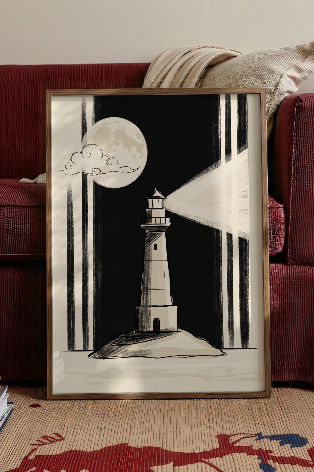 Gece Deniz Feneri Poster – Kahverengi Çerçeveli Tablo