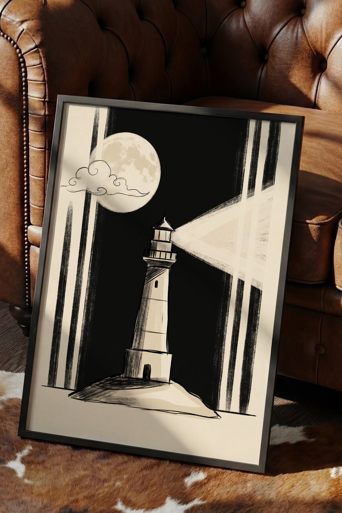 Gece Deniz Feneri Poster – Siyah Çerçeveli Tablo