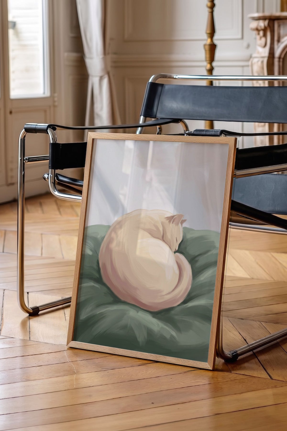 Uyuyan Kedi İllüstrasyonu Poster – Ahşap Çerçeveli Tablo