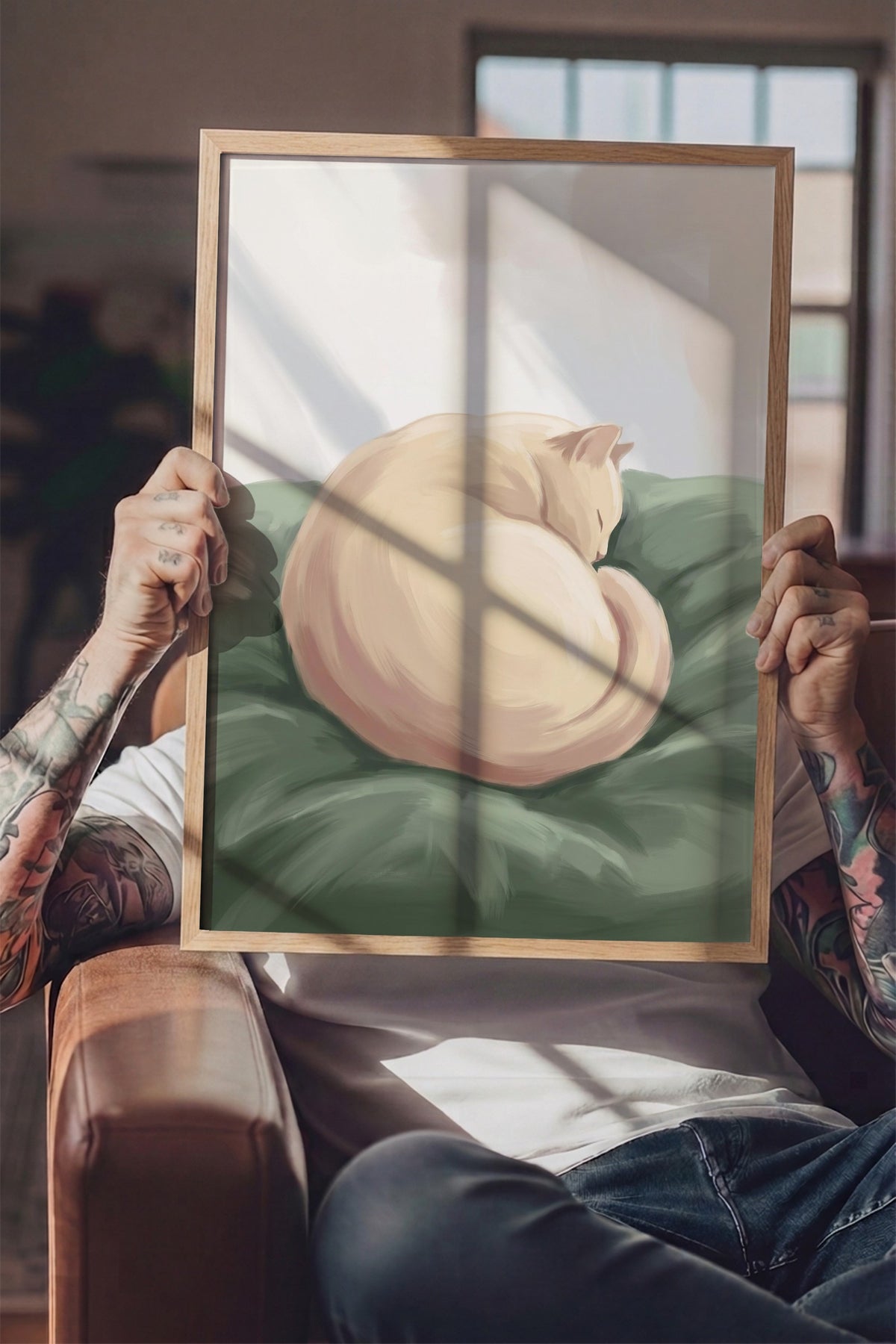 Uyuyan Kedi İllüstrasyonu Poster – Ahşap Çerçeveli Tablo