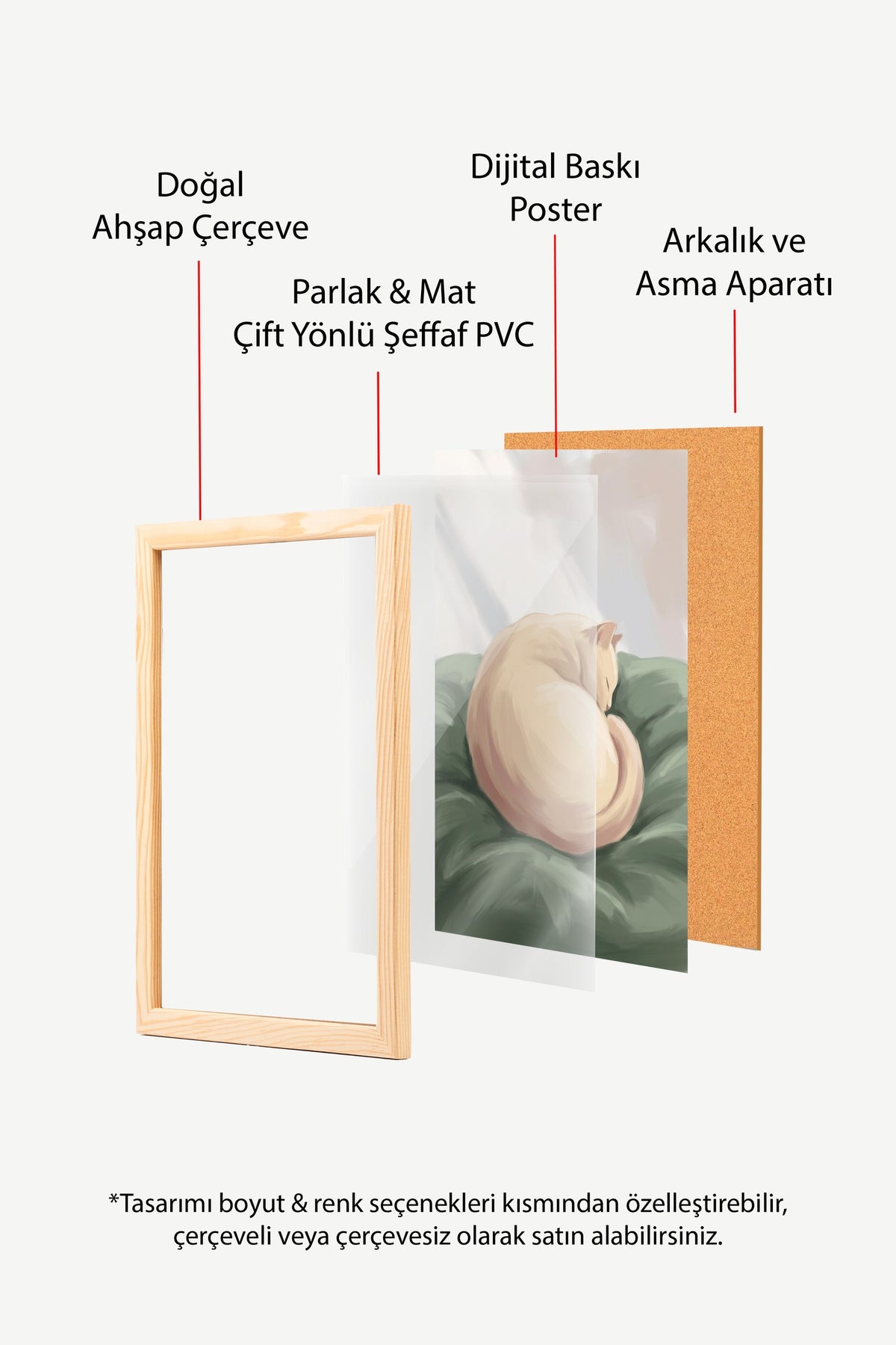 Uyuyan Kedi İllüstrasyonu Poster – Ahşap Çerçeveli Tablo
