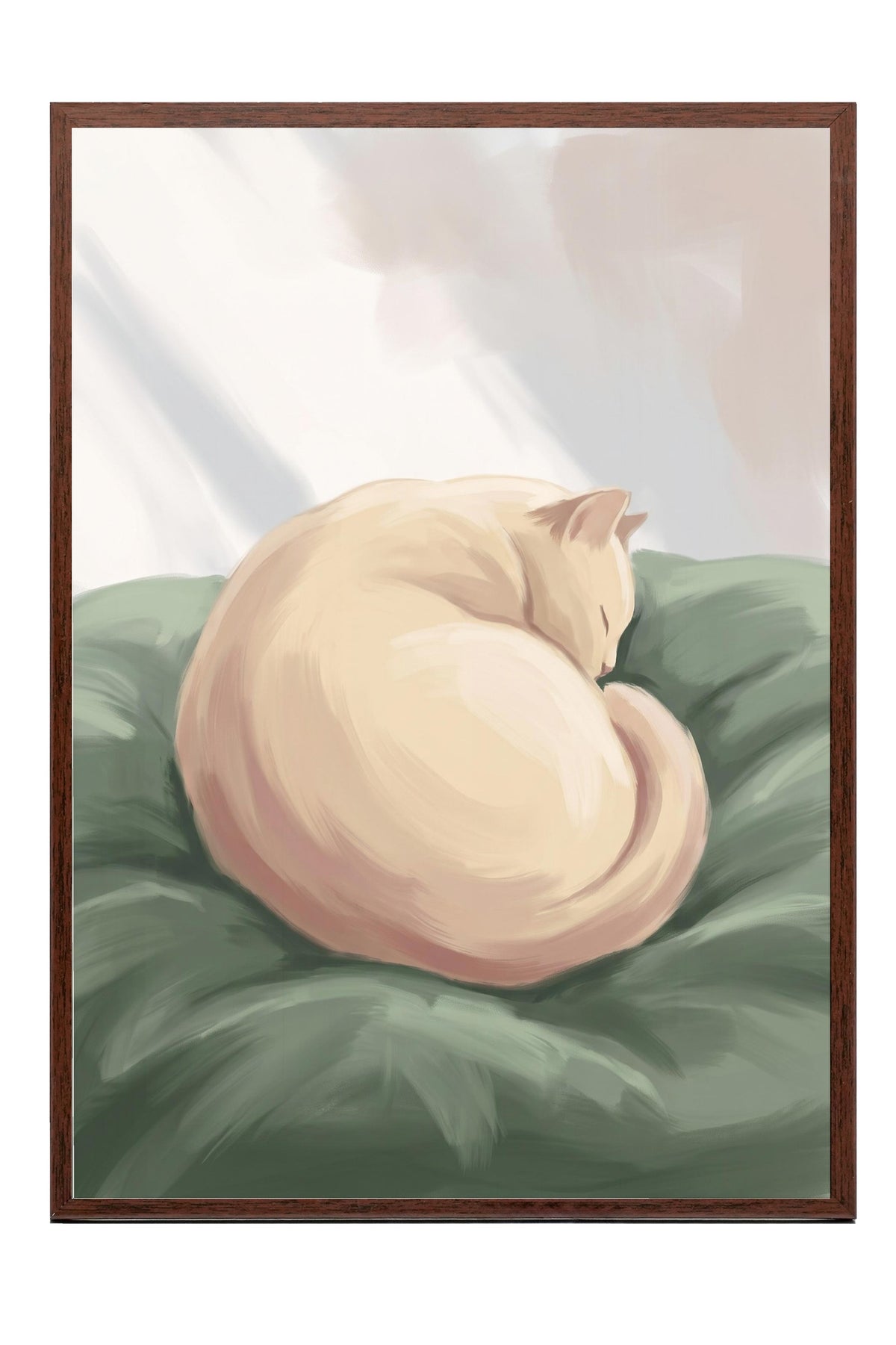 Uyuyan Kedi İllüstrasyonu Poster – Kahverengi Çerçeveli Tablo