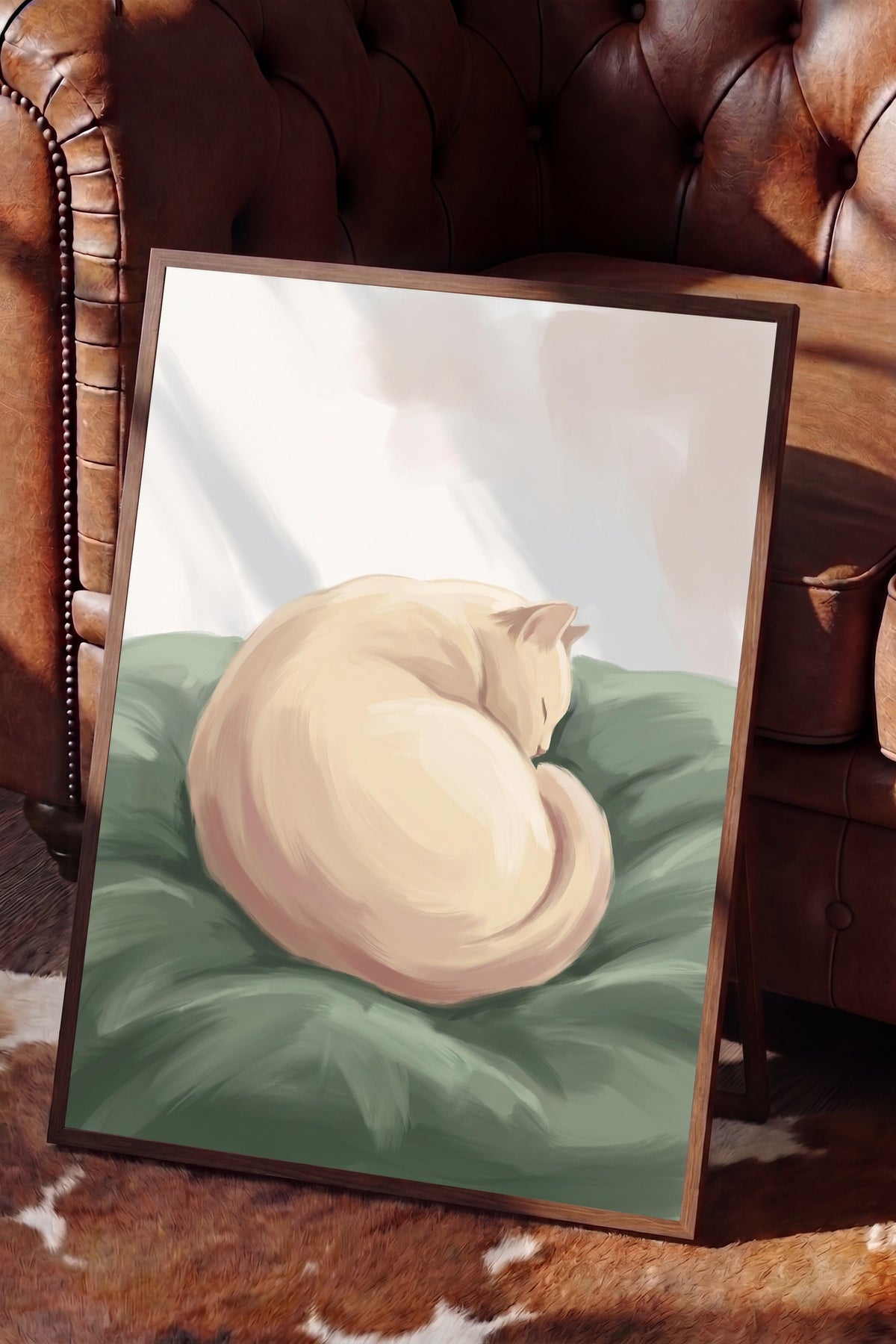 Uyuyan Kedi İllüstrasyonu Poster – Kahverengi Çerçeveli Tablo