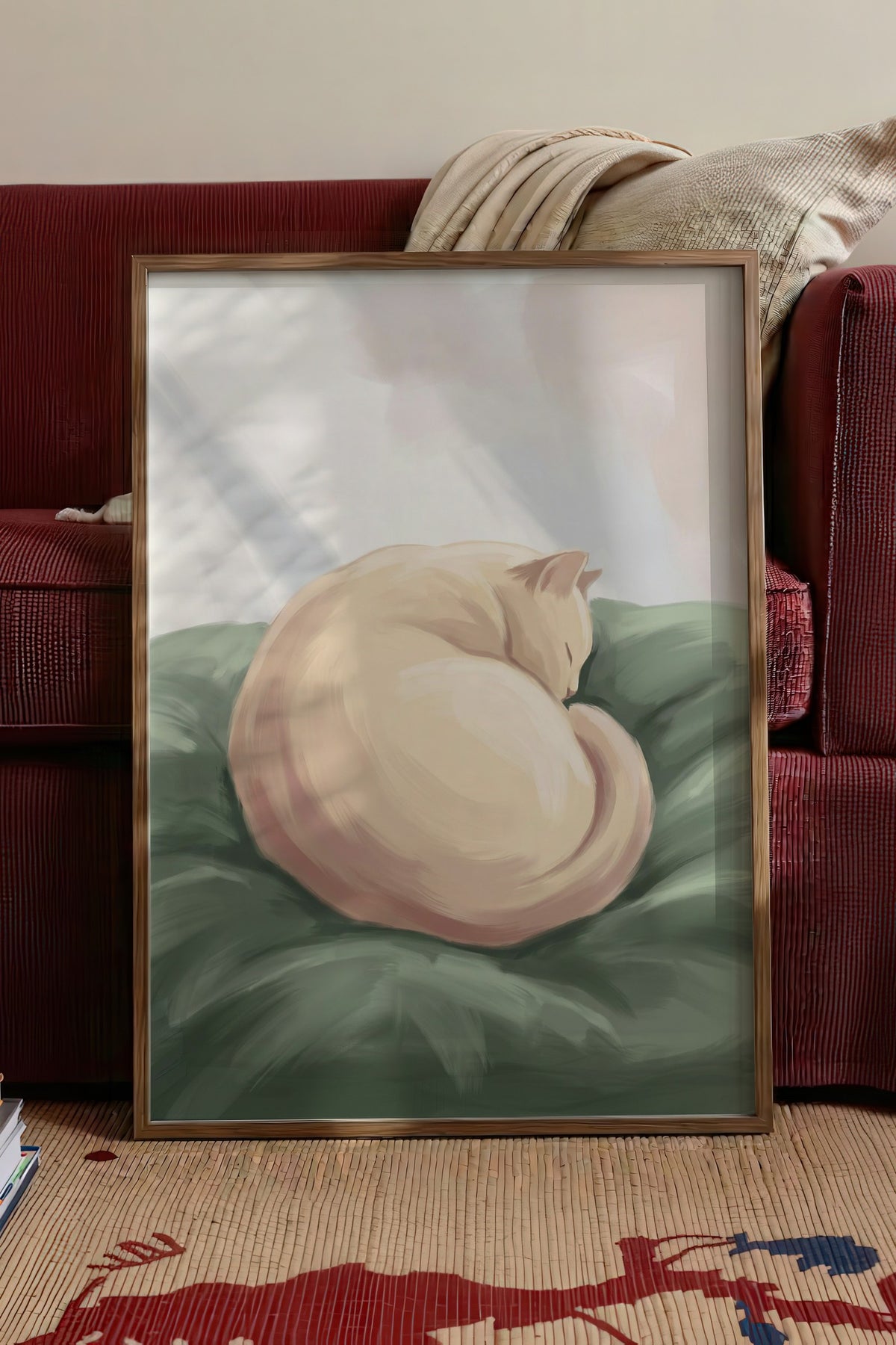 Uyuyan Kedi İllüstrasyonu Poster – Kahverengi Çerçeveli Tablo